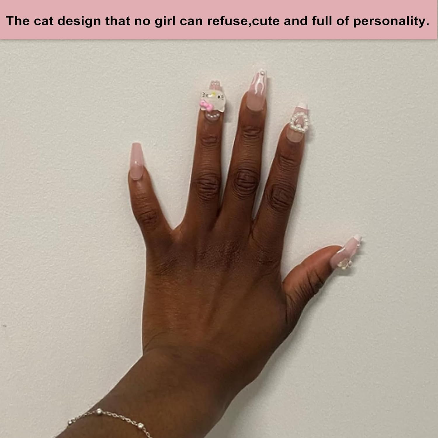 24PCS French Pink Kitty Press on Nails,Cute Kawaii 3D False Nails,Cartoon Y2K Long Length with Flame and Rhinestone Design,Trapezoid Coffin Fake Nails,Glossy and Full Cover Acrylic Nails for Women image number 3