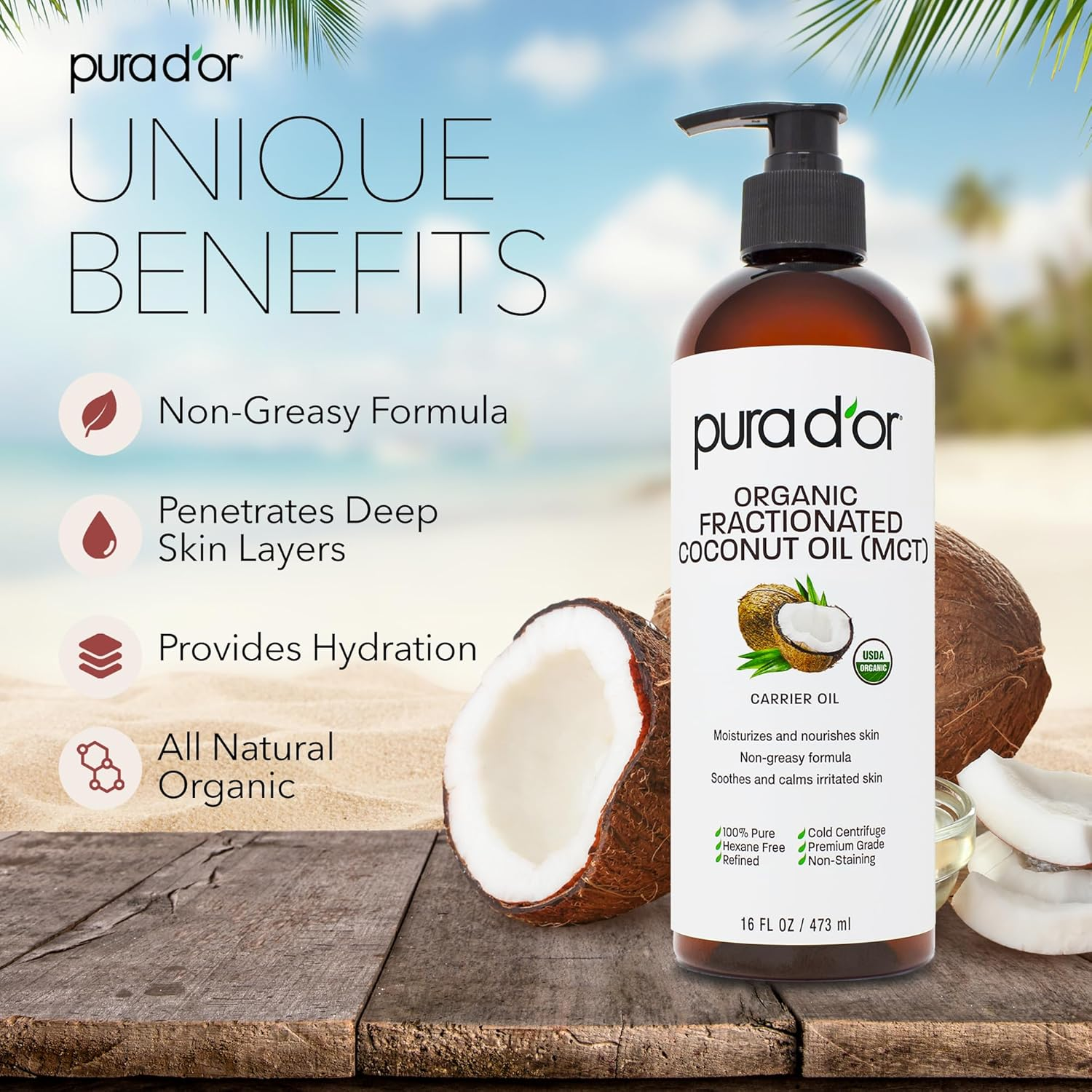Pura D'Or Organic Fractionated Coconut Oil (16Oz / 473Ml) USDA Certified 100% Pure & Natural MCT Oil Sustainably Sourced Hexane Free Moisturizing Carrier Oil for Face, Skin & Hair (Packaging May Vary) image number 2