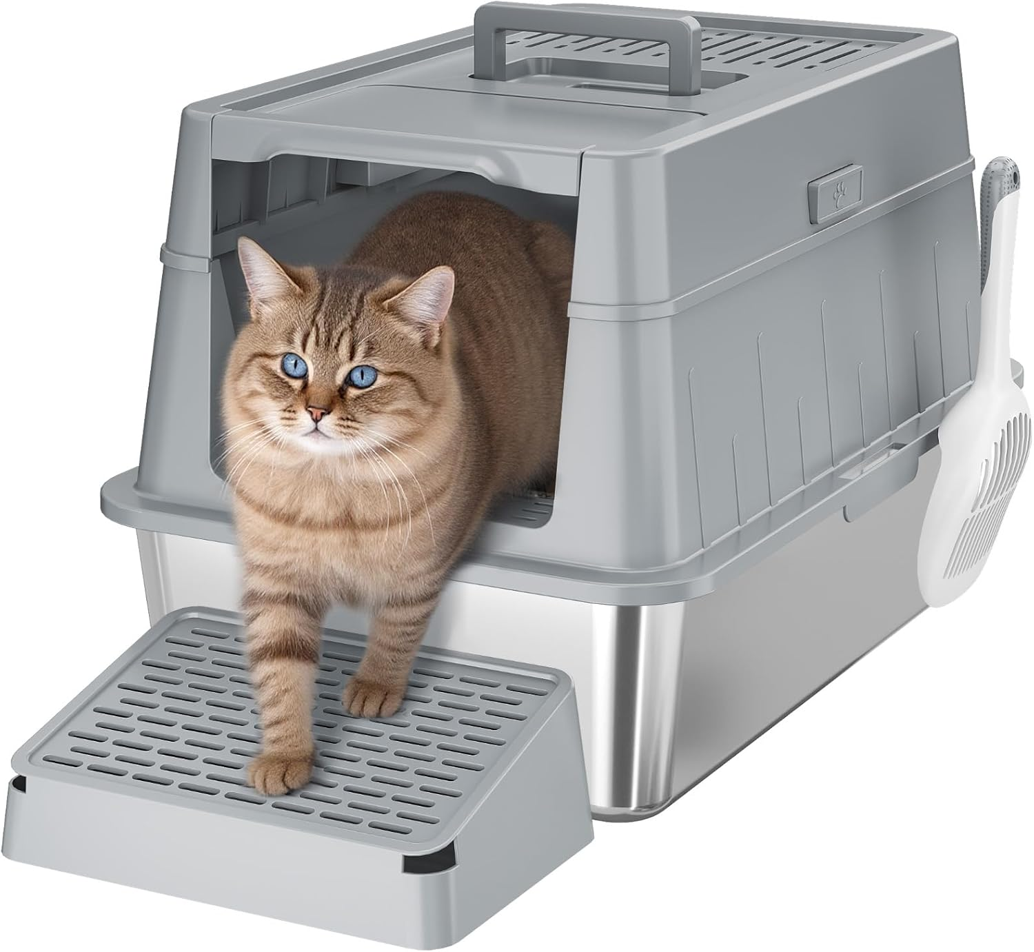 Lifewit Stainless Steel Litter Box with Plastic Lid, Extra Large Enclosed Covered Sifting Cat Litter Box, Front Entry Exit Kitty Metal Litter Box Enclosure with Scoop & Pedal, Gray image number 4