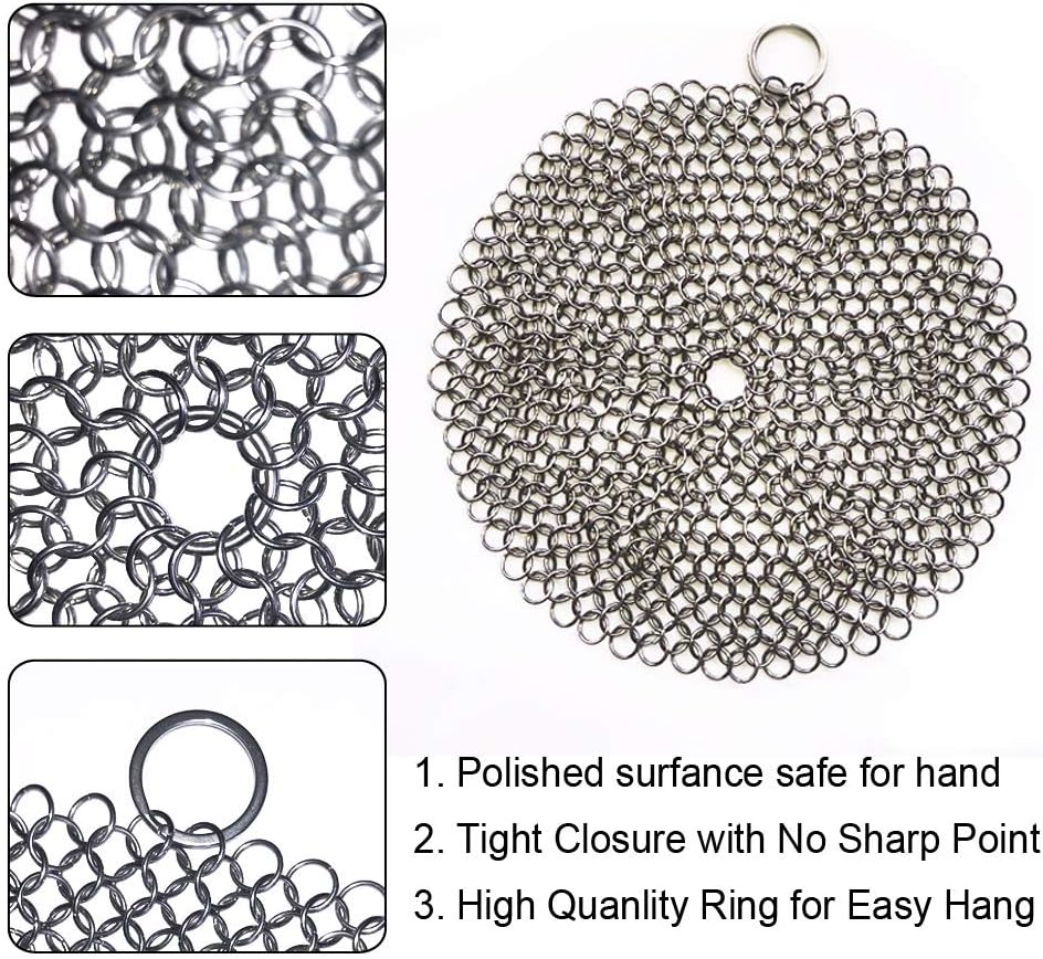 316 Premium Stainless Steel Cast Iron Cleaner, Chainmail Scrubber for Cast Iron Pan Pre-Seasoned Pan Dutch Ovens Waffle Iron Pans Scraper Cast Iron Grill Scraper Skillet Scraper Hovhomedevp (7 Inch)