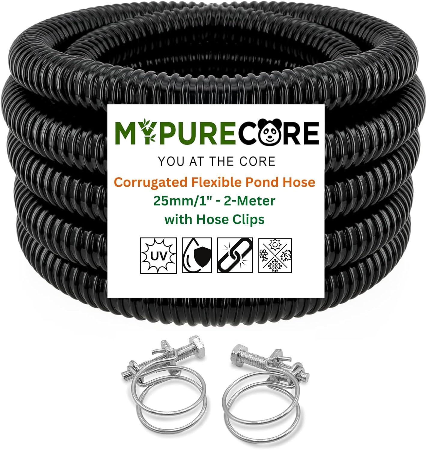 Corrugated Flexible Hose Pond Pipe 25Mm / 1"&ndash; 2-Meter with Advanced Double-Wired Hose Clips for Pond Pumps, Filters, Drainage &ndash; Corrugated Water Butt Connector Pipe - Black. Set by MYPURECORE image number 4