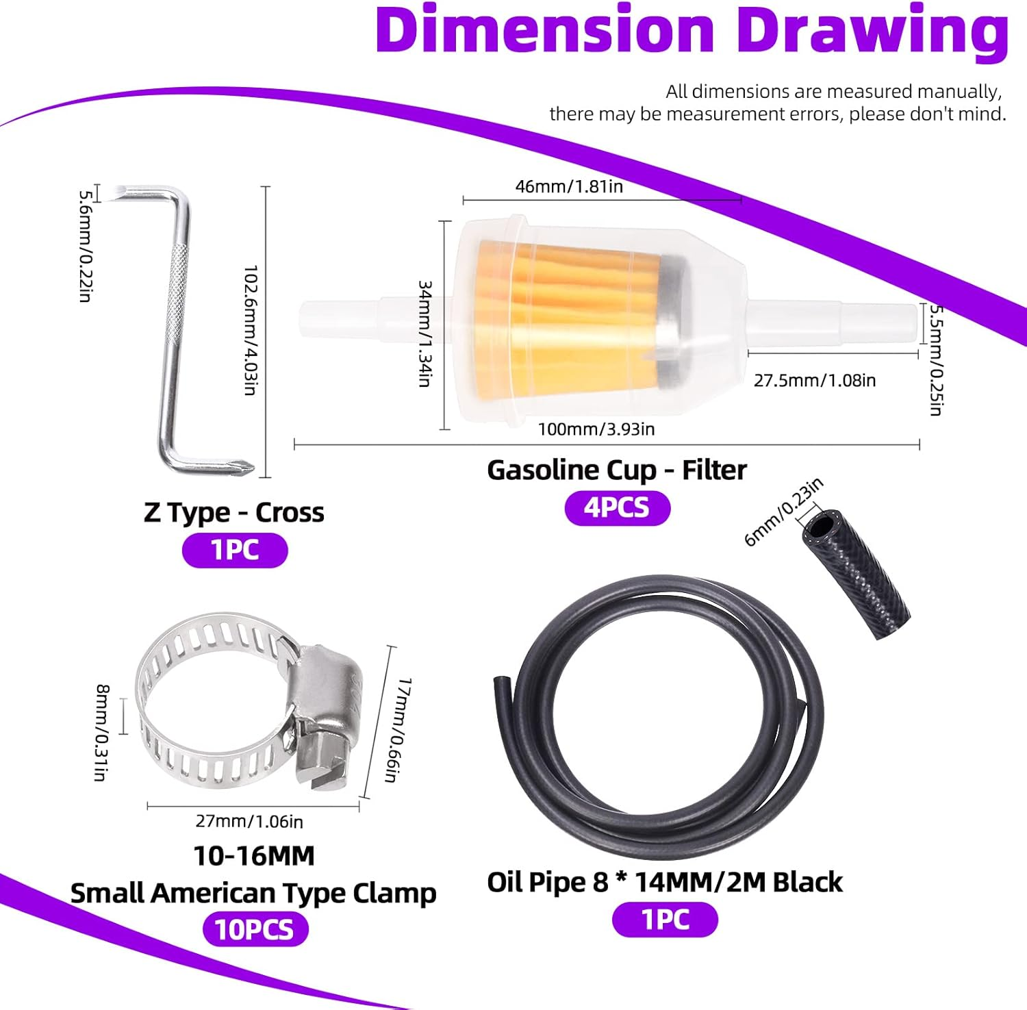 Swpeet 16Pcs 1/4 Inch ID Fuel Line Set, 2 Meter-6.5 Feet Length Black Fuel Line Hose with 4Pcs Fuel Filters, 10Pcs Worm Gear Hose Clamps and a Z-Shape Wrench for Small Engines Tractors Mowing Machine