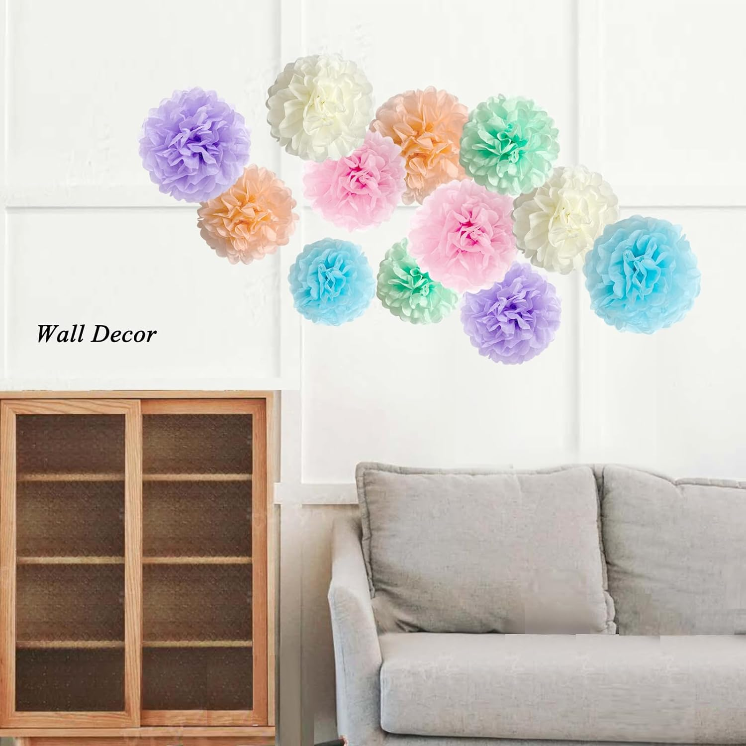 ANSOMO Pastel Tissue Paper Pom Poms Party Decorations Rainbow Ice Cream Easter Macaron Flowers Wall Hanging D&eacute;cor Supplies Birthday Bridal Baby Shower Colorful Pink Purple Peach Mint Green Blue Ivory image number 1
