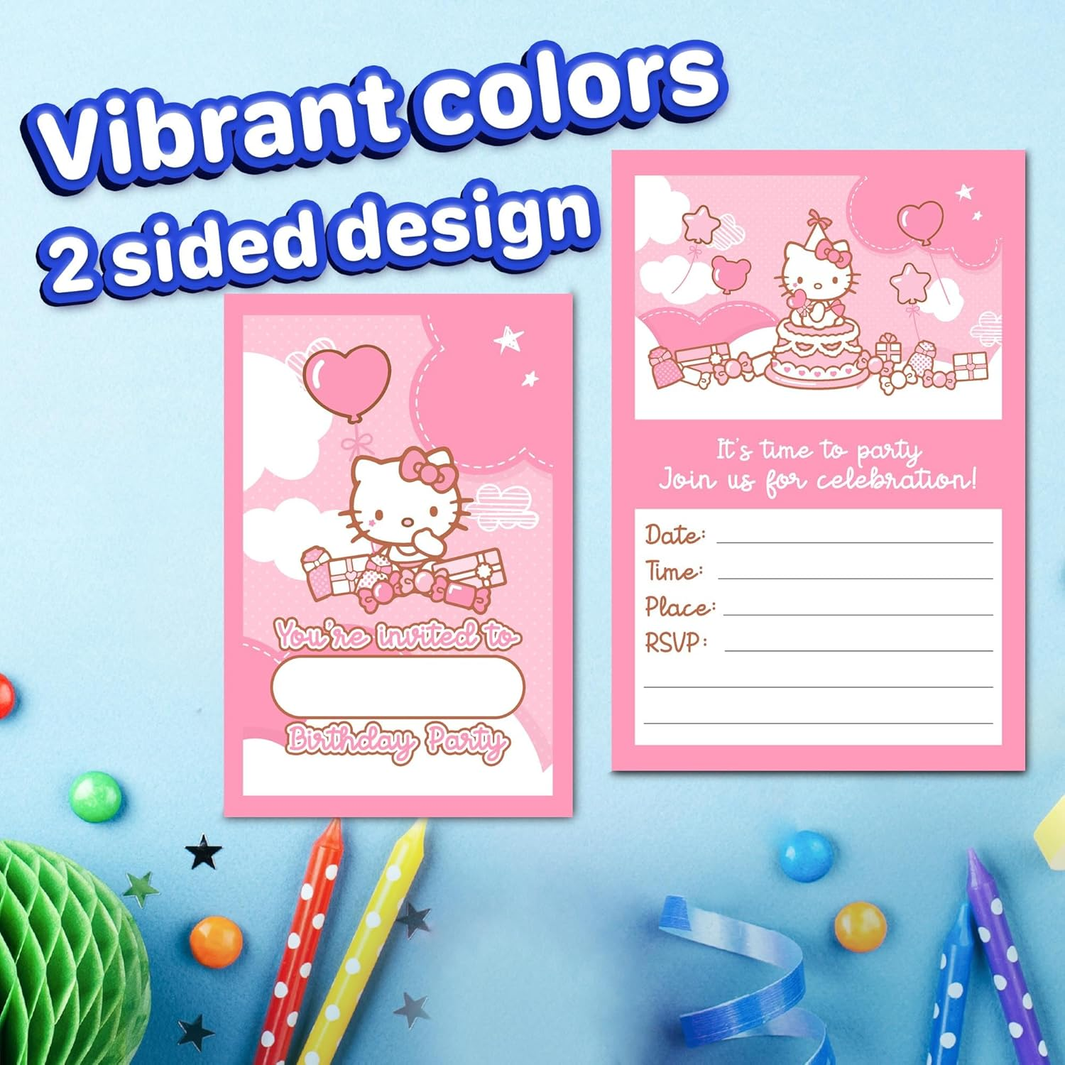 Set of 20 Hello Kitty -Themed Happy Birthday Invitation Cards & Envelopes - Lightweight (240G), Postcard Style Invites for the Perfect Party Pack image number 1