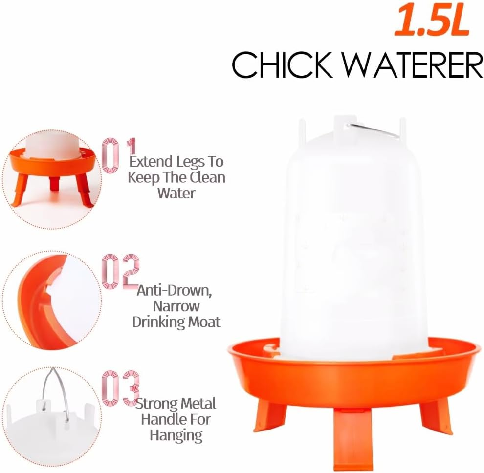 Chicken Waterer and Feeder Set - 1L Feeder, 1.5L Waterer, BPA Free Plastic - Baby Chick Supplies, Duck, Quail Feeder