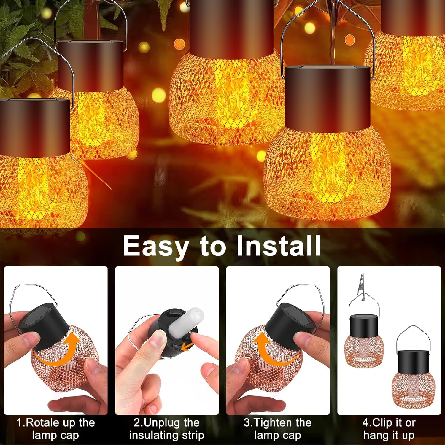 Solar Hanging Light, IP65 Waterproof Solar Lights for Outdoor Hanging, Solar Garden Lights for Outdoors, Lamp Outdoor, Hanging Light, for Gardens, Yards, Fences, Trees, 4 Pieces image number 5