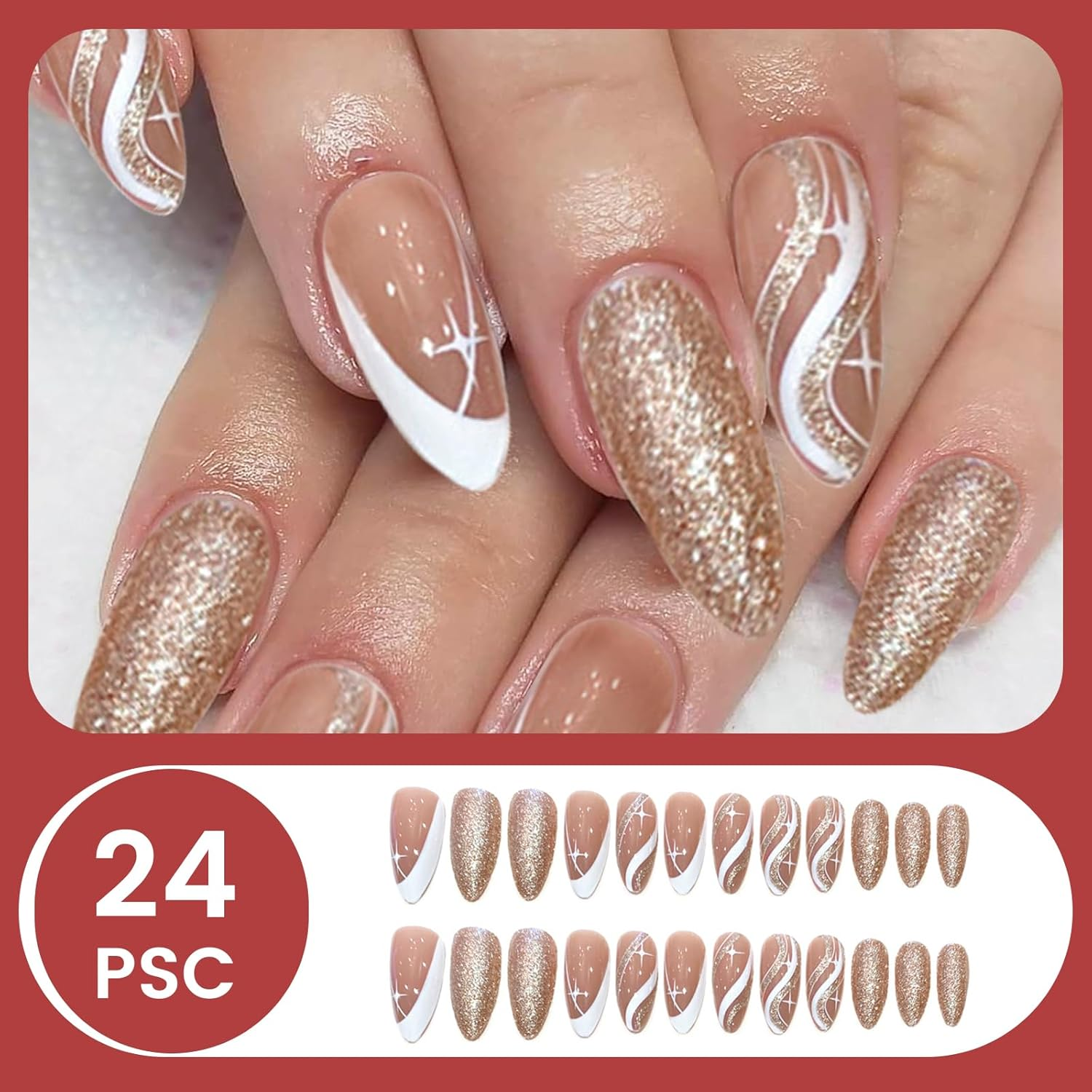 BUOKSLLY 24 Pieces Almond Shape Push on Nails, Matte Black & Gold Glitter, Nail Art Set, Stick on Nails for Daily Use, Party & More image number 5