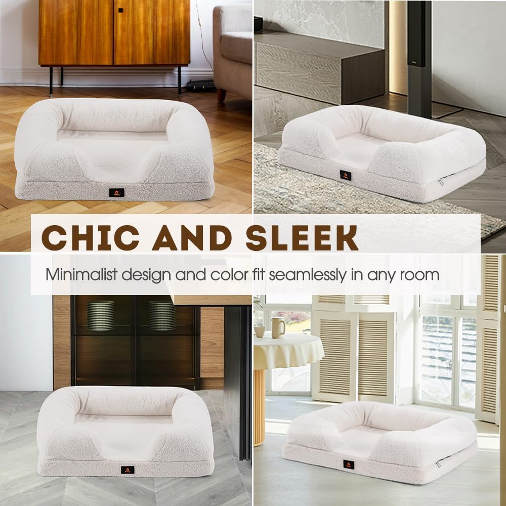 Petzly Orthopedic Memory Foam Dog Bed for Medium Dogs, Removable and Washable Cover, Non-Slip Bottom with Egg-Crate Foam, Medium Pet Couch Bed, White image number 4