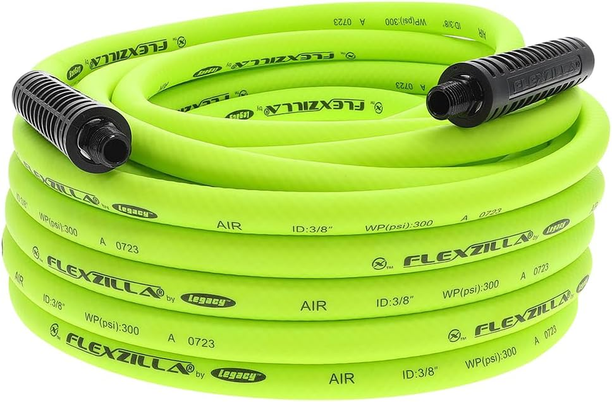 Flexzilla Air Hose with Colorconnex Industrial Type D Coupler and Plug, 3/8 In. X 25 Ft., Heavy Duty, Lightweight, Hybrid, Zillagreen - HFZ3825YW2-D