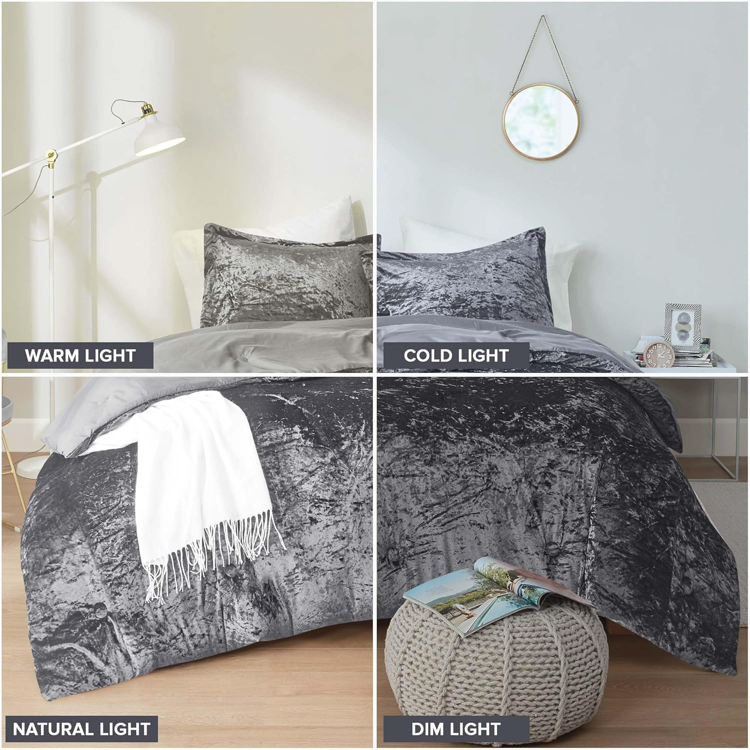 Comfort Spaces Juliette Luxe Comforter Set Velvet Lush with Natural Sheen, Soft Reverse Microfiber Modern All Season Cover, Cozy Bedding, Matching Sham, Grey Twin/Twin Xl(66"X90") 2 Piece