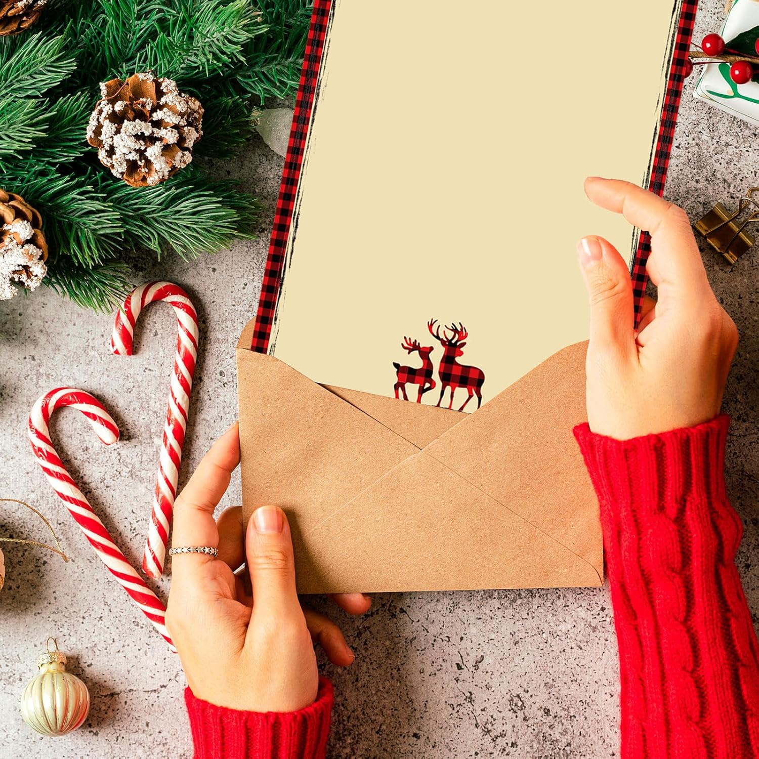 Whaline 60Pcs Christmas Stationery Paper Xmas 4 Designs Decorative Writing Paper Red Black Buffalo Plaid Border Letterhead for Notes Greeting Cards Invitations Office School Printing, 8.5 X 11 In image number 2