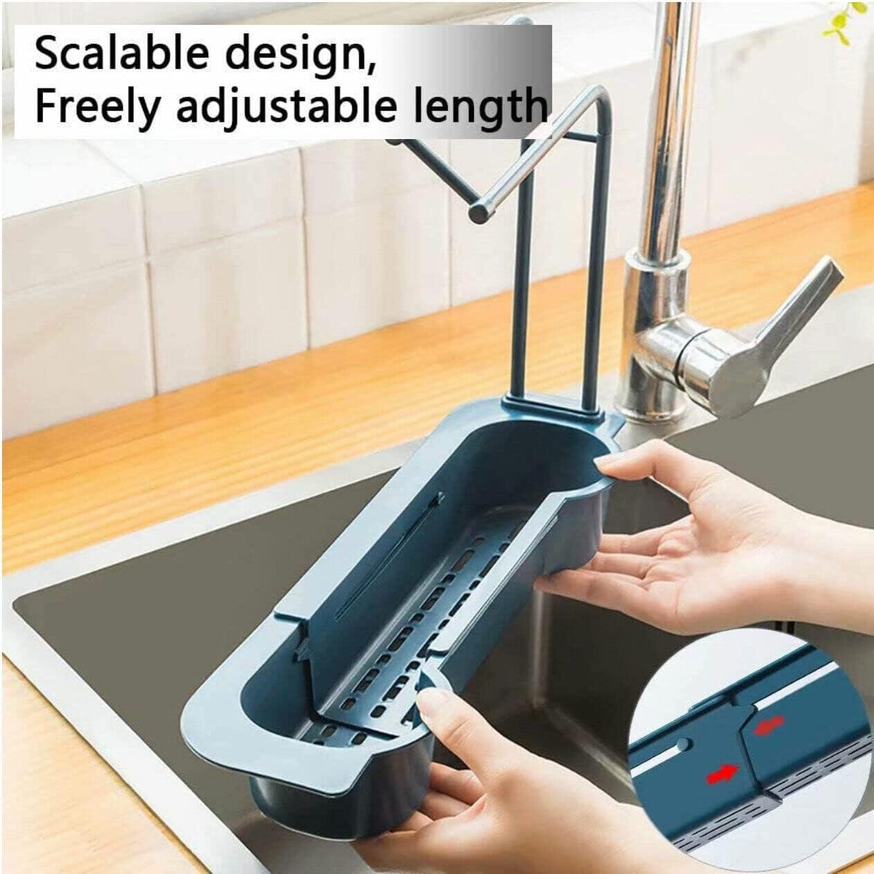 Telescopic Sink Rack Holder Expandable Storage Drain Basket Home Kitchen Kit, Multifunctional Drain Basket, Durable PP Material - Blue image number 4