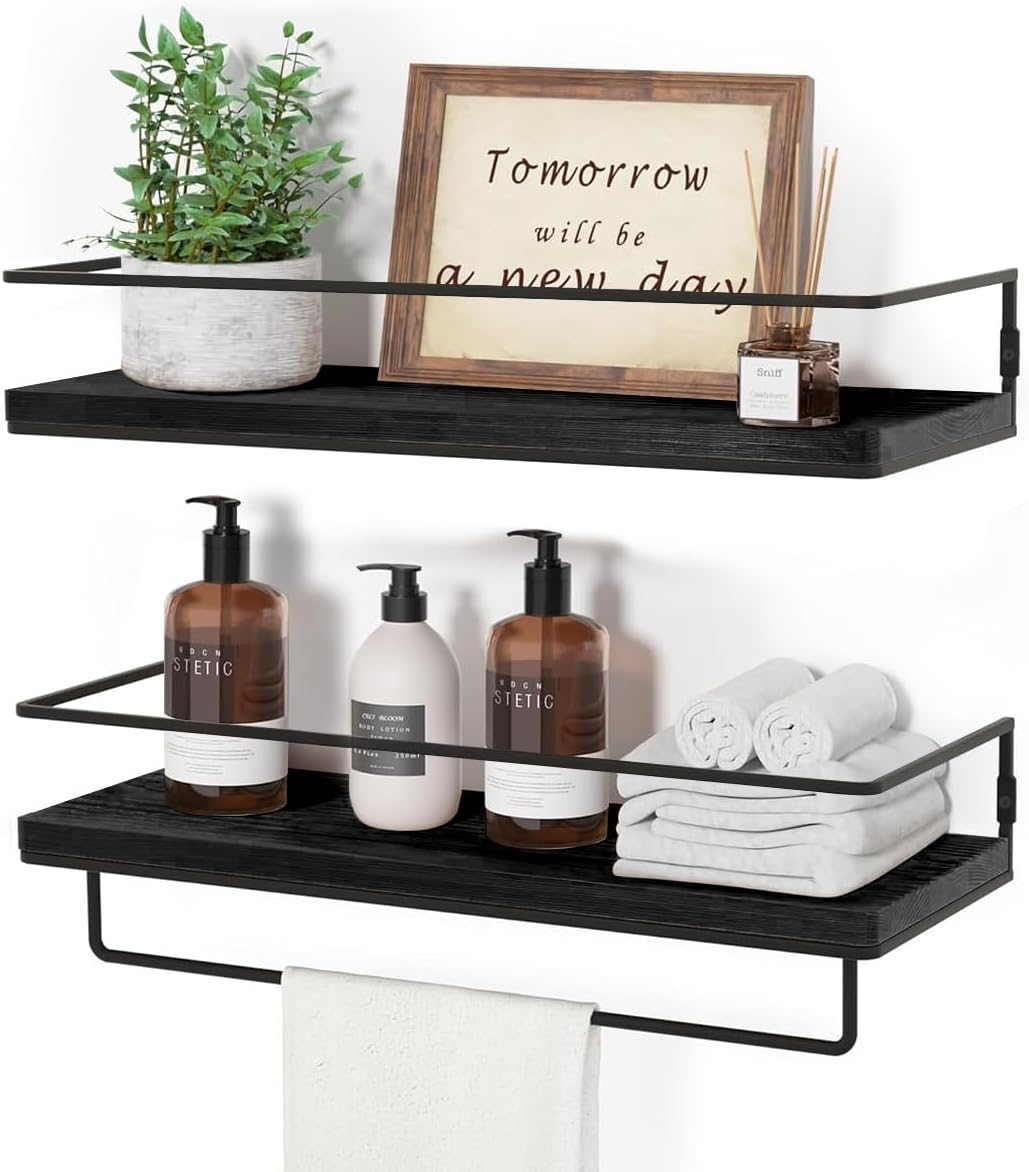 Delsol Floating Shelves for Wall, Wall Mounted Storage Shelves Set of 2 with Black Metal Frame, Towel Rack for Bathroom, Bedroom, Living Room, Kitchen, Office (Black) image number 3