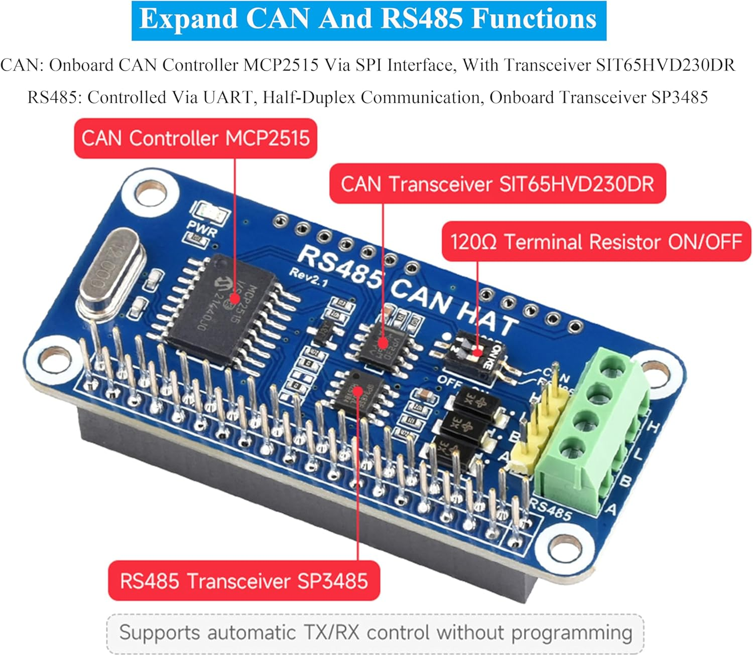 RS485 CAN HAT Compatible with Raspberry Pi 5/4B/3B+/3B/Zero/Zero W/Wh/Zero 2W, Expand CAN and RS485 Functions, CAN Controller MCP2515 via SPI Interface, RS485 Controlled via UART image number 6