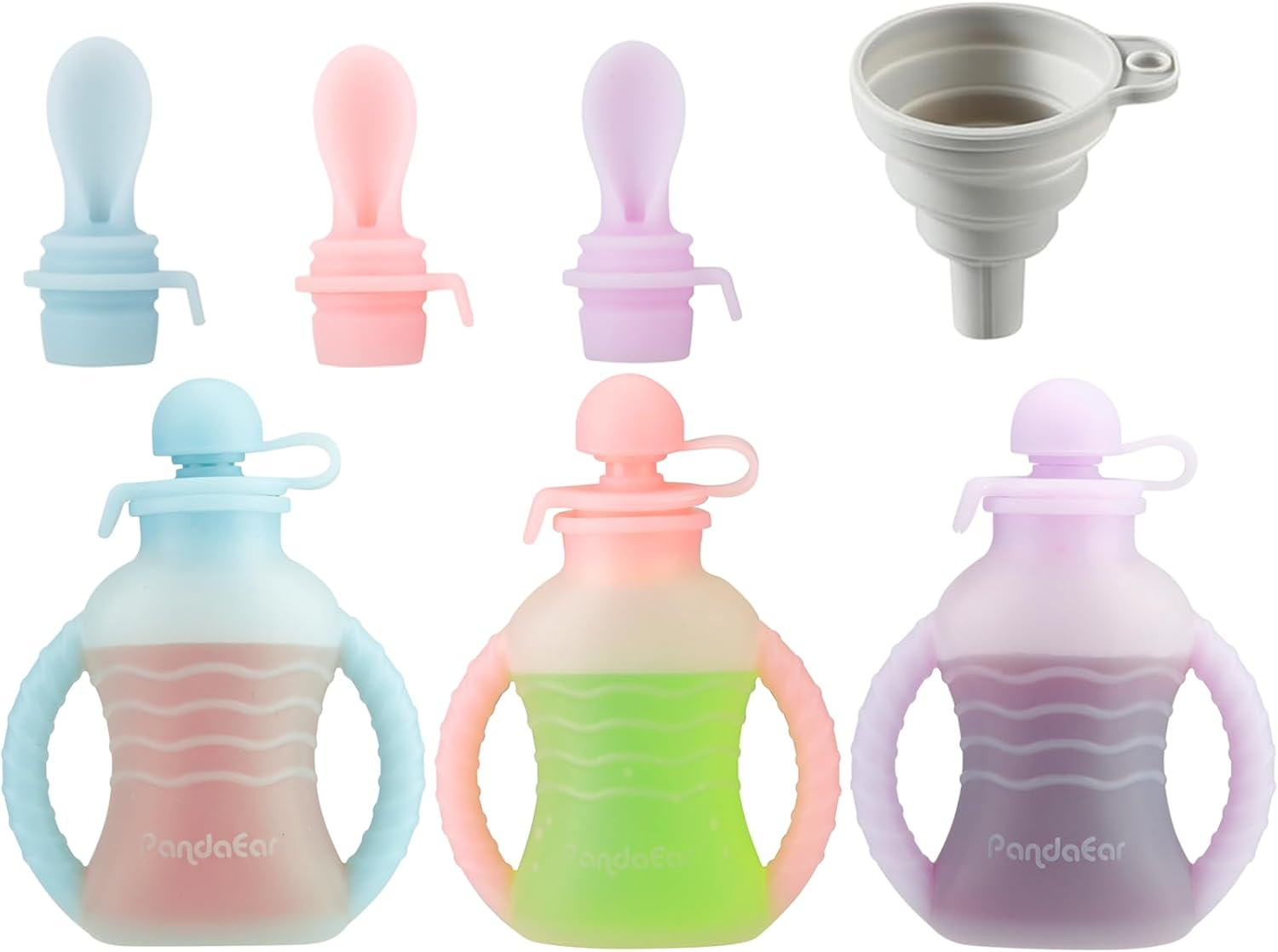 Pandaear 3 Pack Reusable Silicone Baby Food Pouches with 3 Puree Feeder Spoons & Funnel | 4Oz Toddler Food Storage Pouch with Handle | Bpa-Free Baby Squeeze Pouches for Homemade Purees