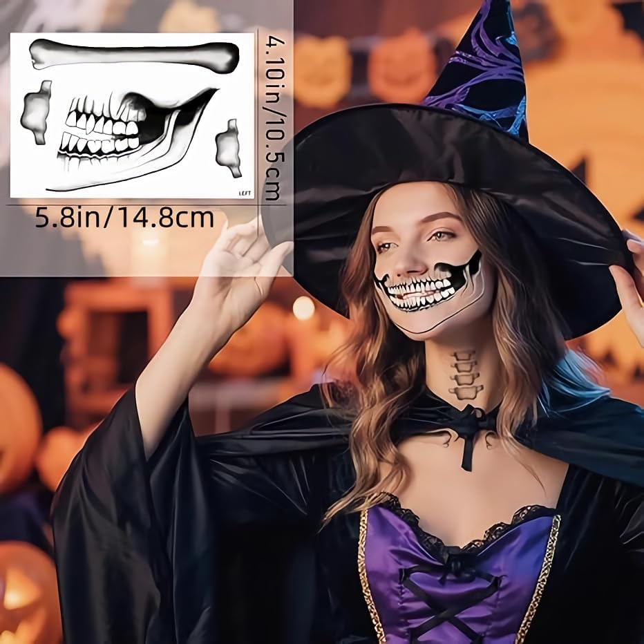 2 Set Skeleton Face Tattoo Classic Skull Temporary Tattoo Halloween Costume for Men and Women,Skeleton Costume，Halloween Face Tattoos image number 2