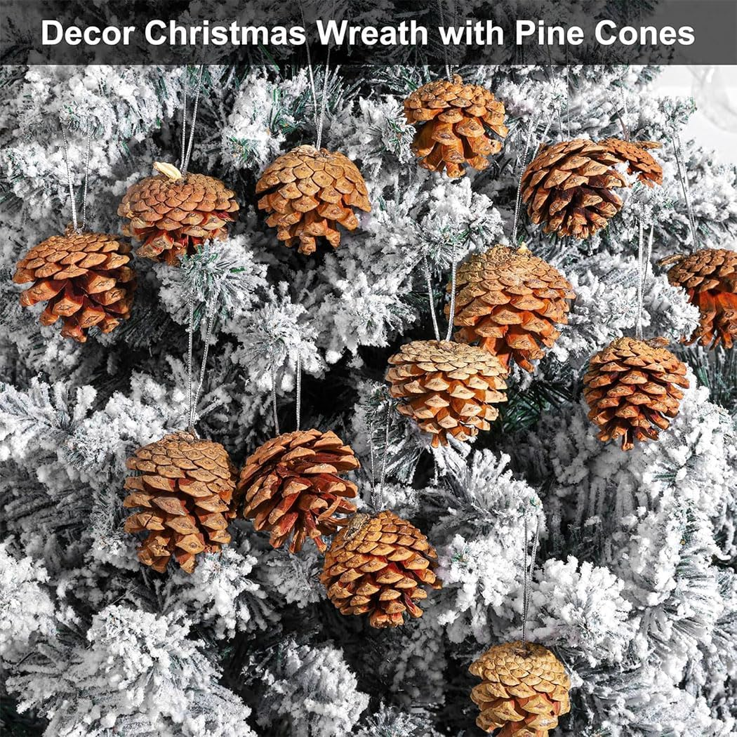 20 Pieces Christmas Pine Cones with String Mini Rustic Pinecones Bulk Rustic Snow Pinecones Ornaments for Xmas Tree Crafts Holiday Home Party (Brown, 5-6Cm) image number 3