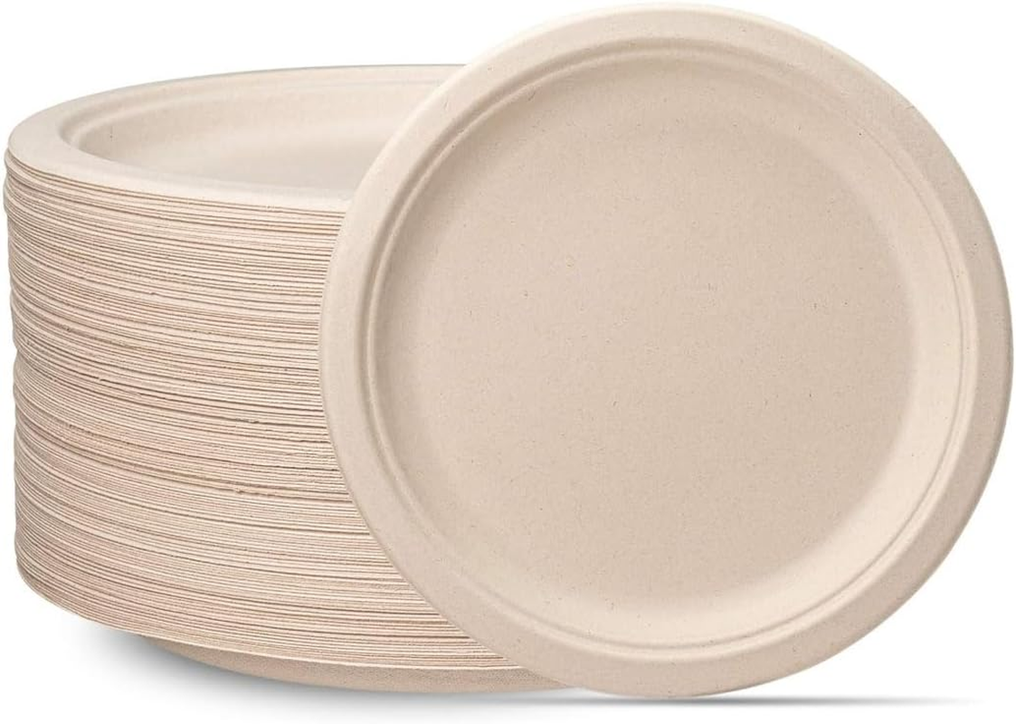 Idopick Compostable Paper Plates 9 Inch, 50 Pack Biodegradable Sugarcane Bagasse Disposable Heavy-Duty Plates, Eco-Friendly Unbleached Brown for Party, Wedding image number 4