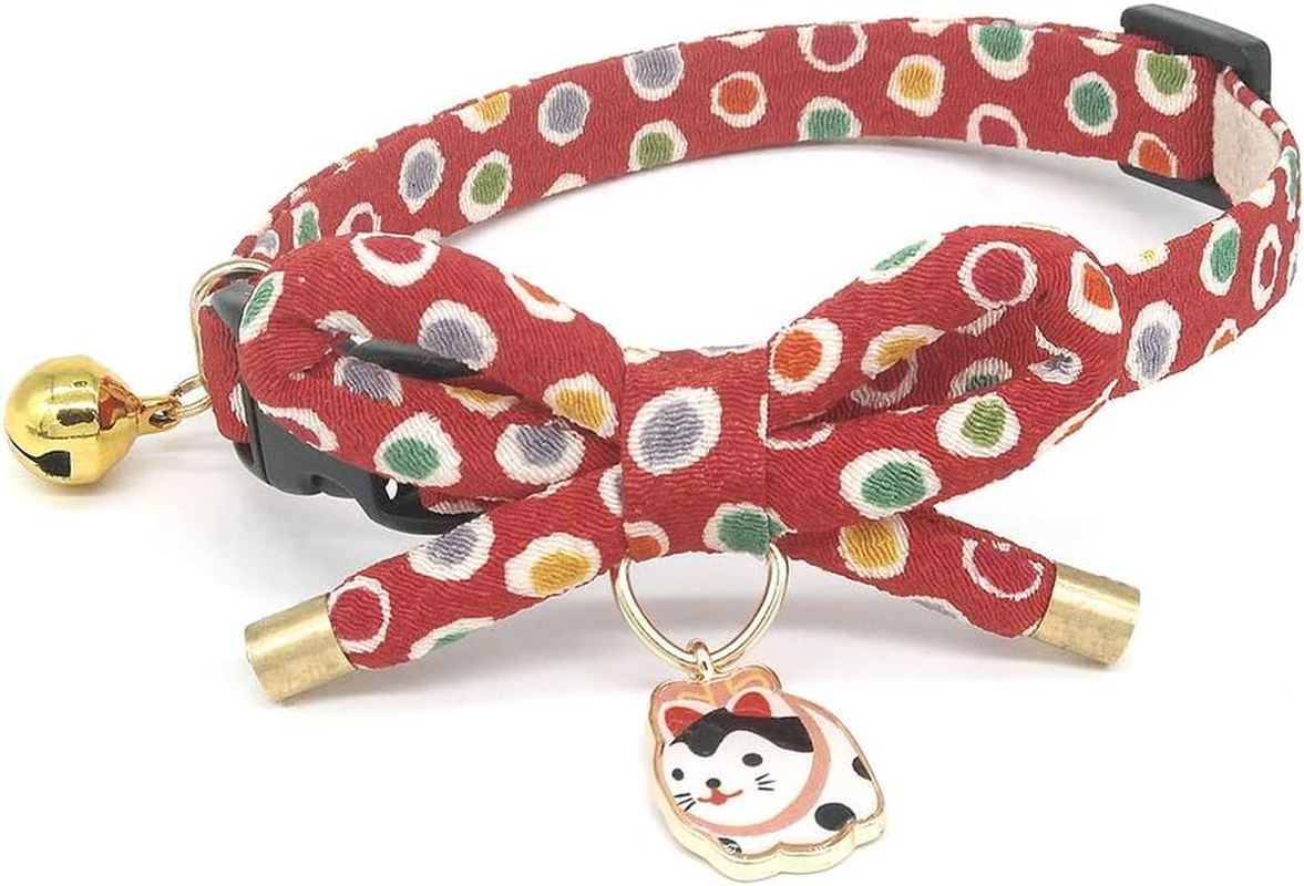 Petsokoo Cute Bowknot Cat Collar with Bell. Japan Colorful Polka Dots Pattern. Lucky Cat Charm. Safety Breakaway, Soft, for Girl Boy Male Female Adult Cats,Red