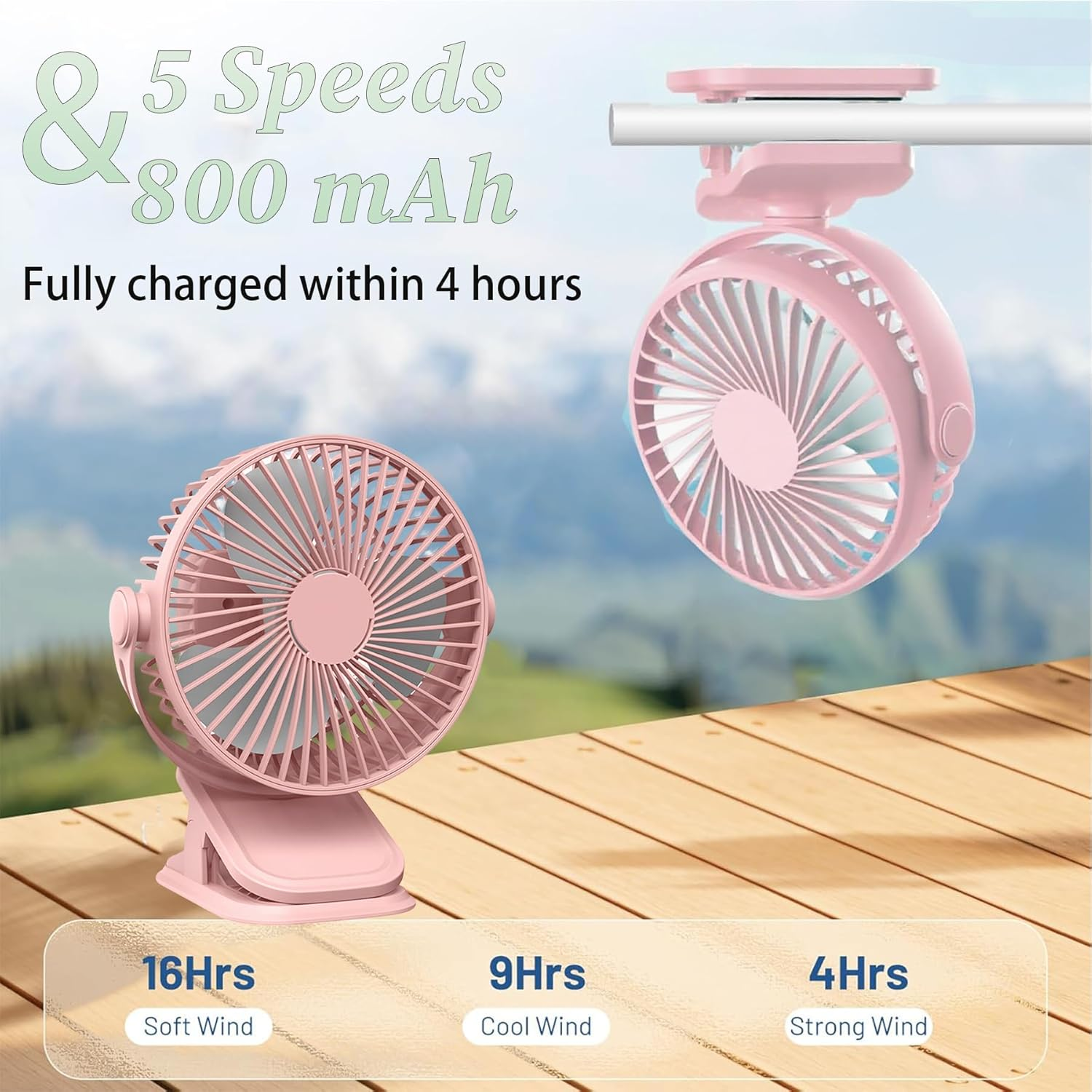 Wakouter Portable Clip on Fan, USB Rechargeable Mini Personal Cooling Fan, with LED Lights, 5 Speed 360&deg; Rotate Stroller Fan, for Office, Stroller, Bedroom and Camping (Pink) - Pink image number 5