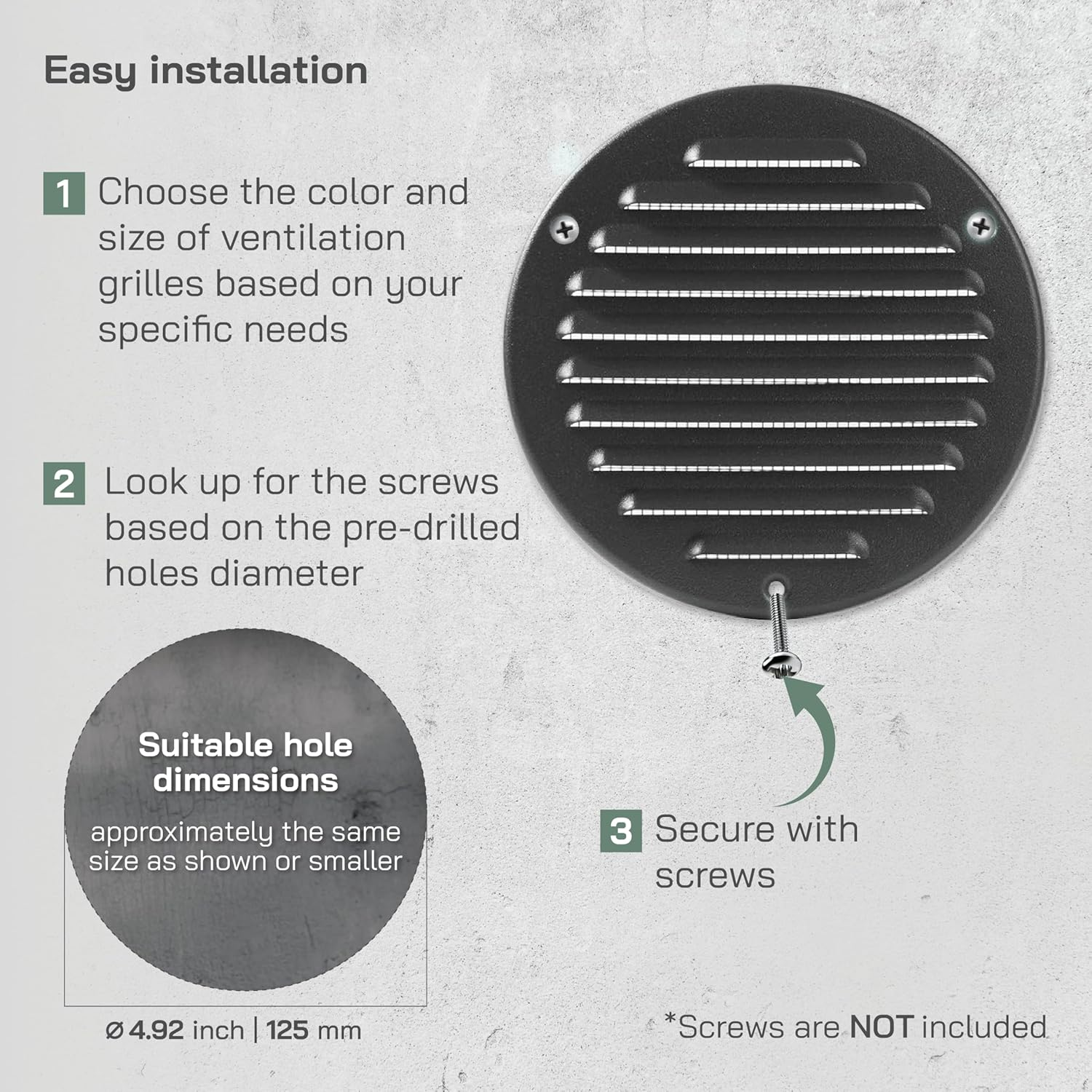 Vent Systems - 5 Inch (Inner) Black Metal round Soffit Air Vent Grille Cover, Register Air Vent Deflector, Louver - Built-In Mesh - HVAC for Bathroom, Home Office, Kitchen 6 Inch (Outer) image number 2