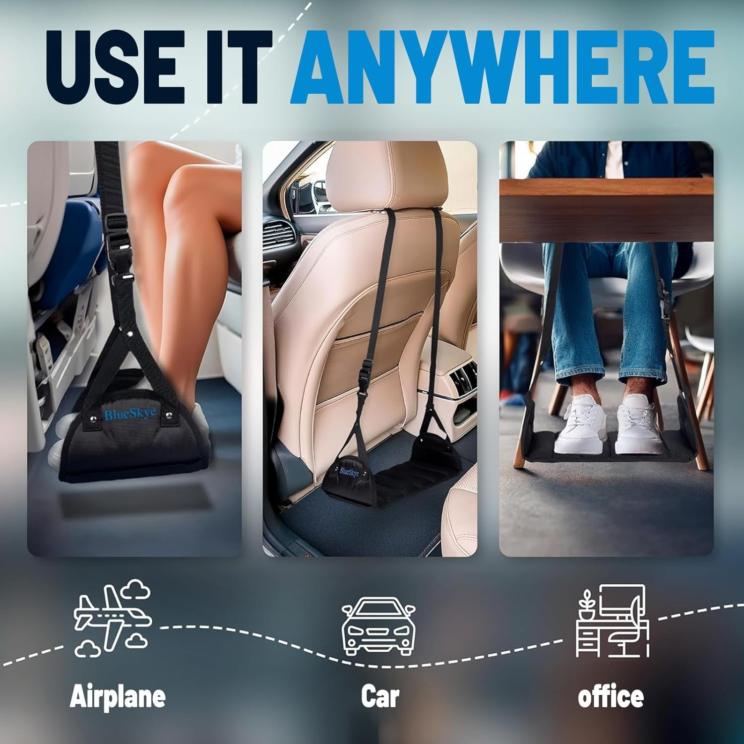 Blueskye Adjustable Travel Foot Rest & Hanging Foot Hammock - Portable, Foldable for Airplane, Office, Car & Home Use - Anti-Swelling, Soft Padded with Removable Rigid Base - Ideal for Long Flights & Desk Work image number 5