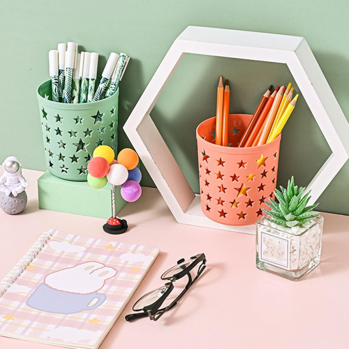 AMUSLESUR Pencil Holder Desk Organizer 8Pcs round Plastic Pen Containers for Office and Home with Hollow Star Design in Teal Amber White Green image number 1