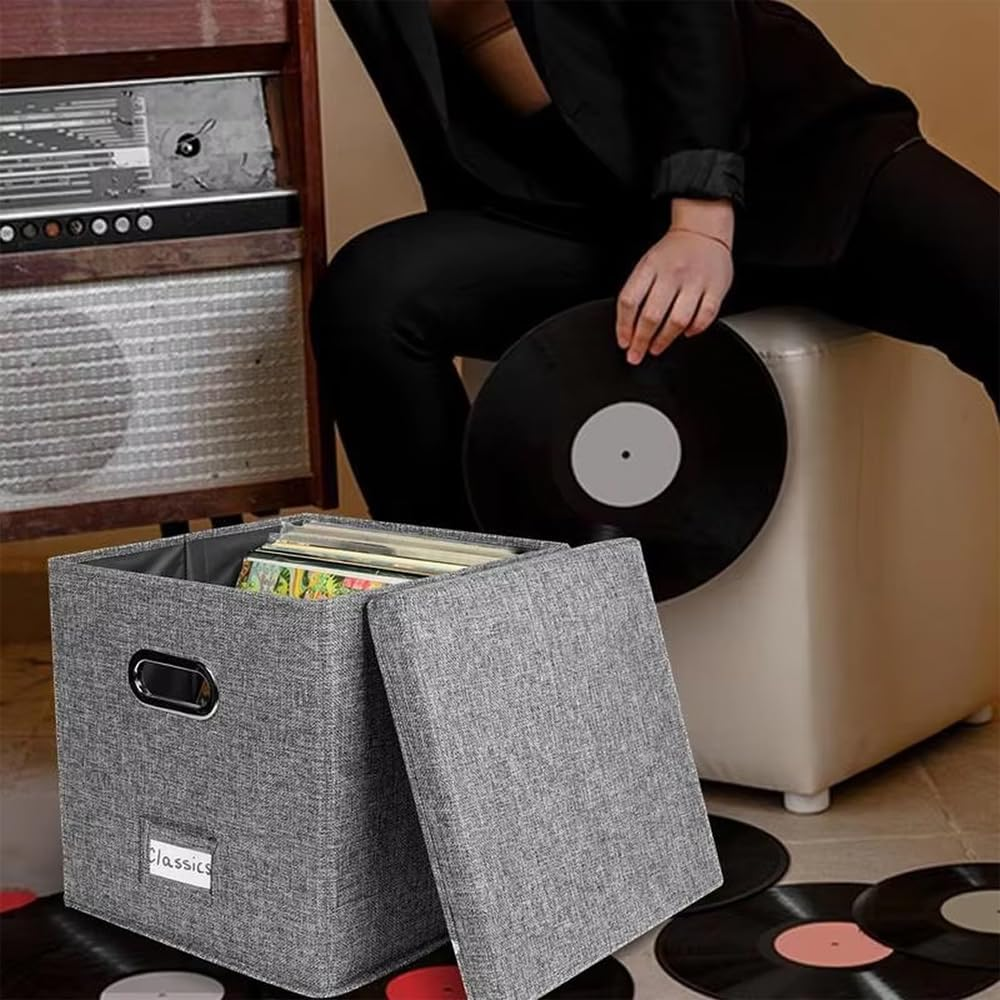TOMVAES Vinyl Record Storage Box,Records Crate,Album Storage,Fabric Storage Boxes with Lids for Moving,Office,Closet,Home Organizer,33X33X33Cm,Grey image number 6