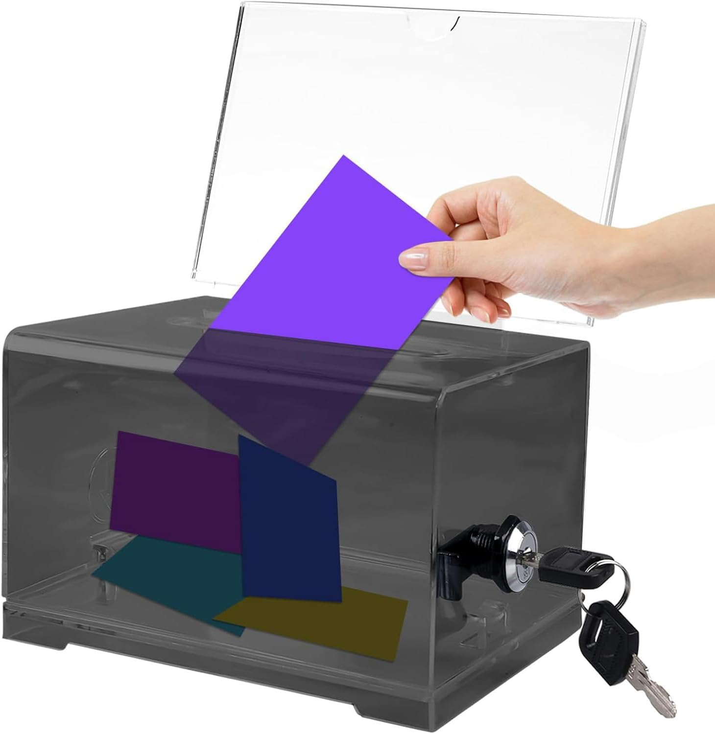 Acrylic Donation Box, Lockable Donation Box, Ballot Box, Black, Transparent with Key Lock, for Sweepstakes, Votes, Business Cards, with Sticker image number 3