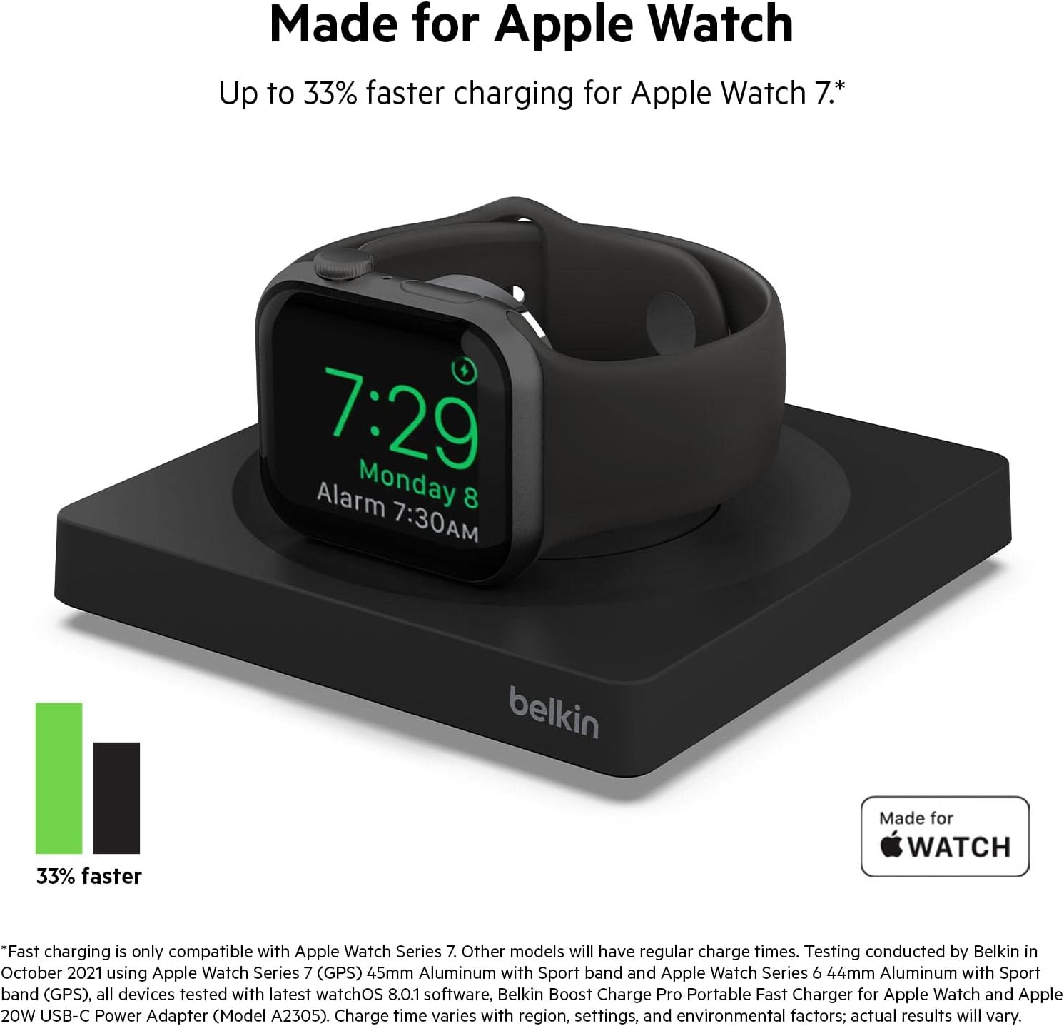 Belkin Apple Watch Fast Charger, Mfi Certified Wireless Fast Charging Travel Pad with Nightstand Mode, Minimalist Design and Included USB Type C Cable for Apple Watch Series 7, 6, 5, 4 and More image number 1