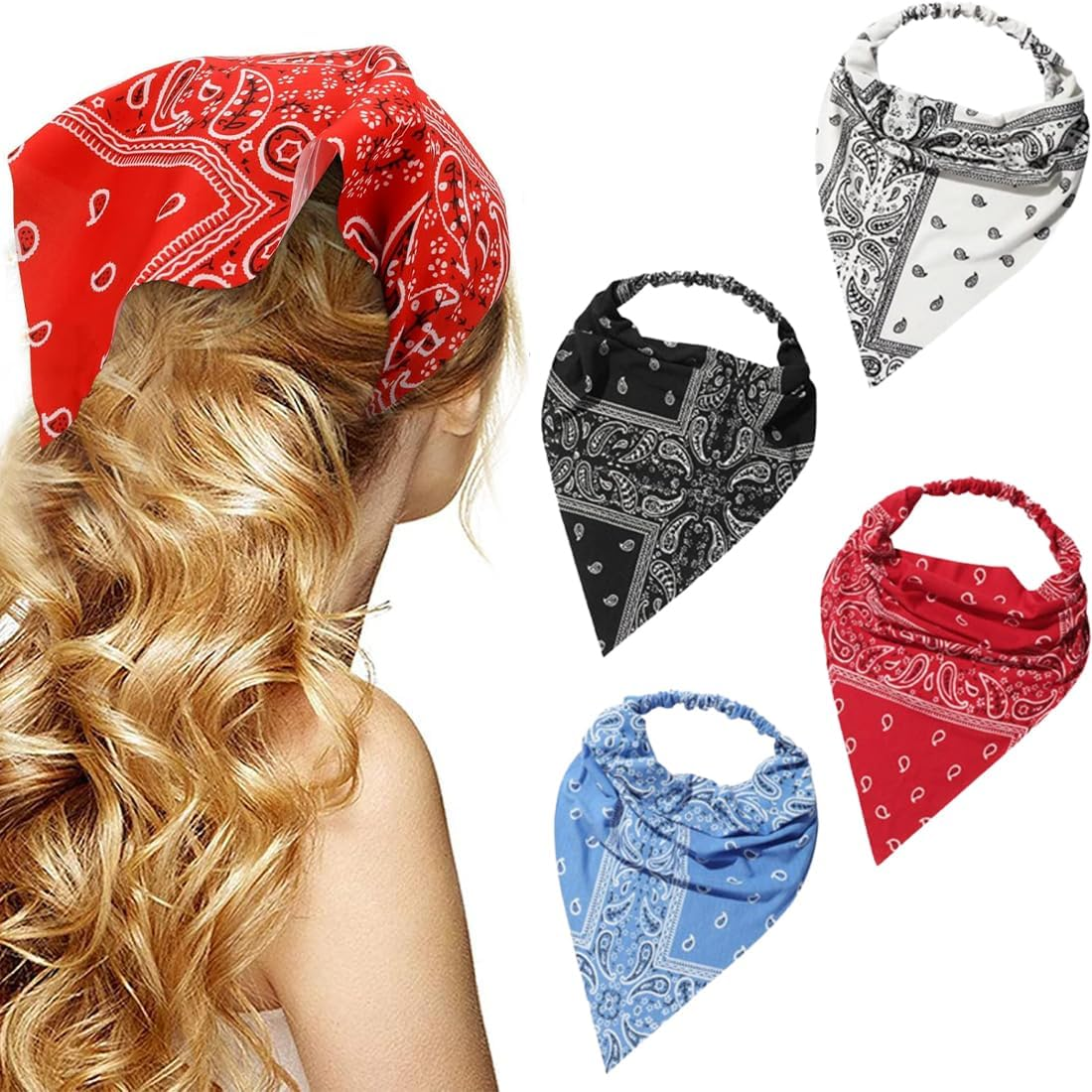 Pack of 4 Women'S Boho Headbands Triangle Headscarves Bandanas Turban Tie Hair Bands Elastic Hair Scarf Thin for Women and Girls image number 2