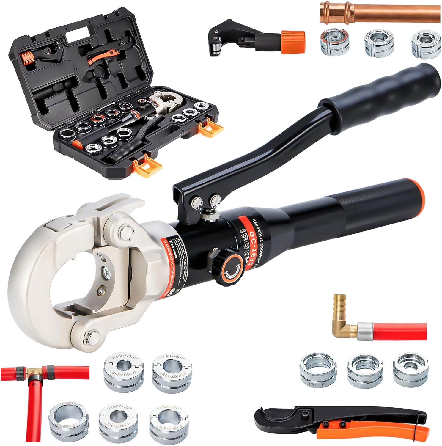 IBOSAD Hydraulic Copper Pipe Tube Fittings Crimping Tool With1/2,3/4,1" Dies for Copper Pipe and F877 Stainless PEX Press Sleeves,3/8",1/2",5/8",3/4",1" Dies for ASTM F1807 Pex Pipe Copper Ring image number 1