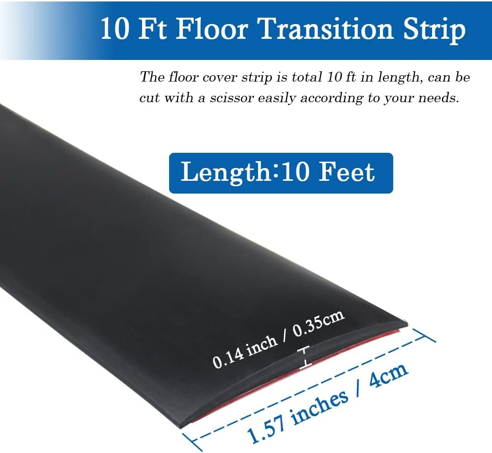Floor Transition Strip Floor Cover Strips Self Adhesive Flooring Transitions Laminate Floor Strip 1.57" Wide Vinyl Floor Flat Divider Strip (4Cm, 10Ft, Black)