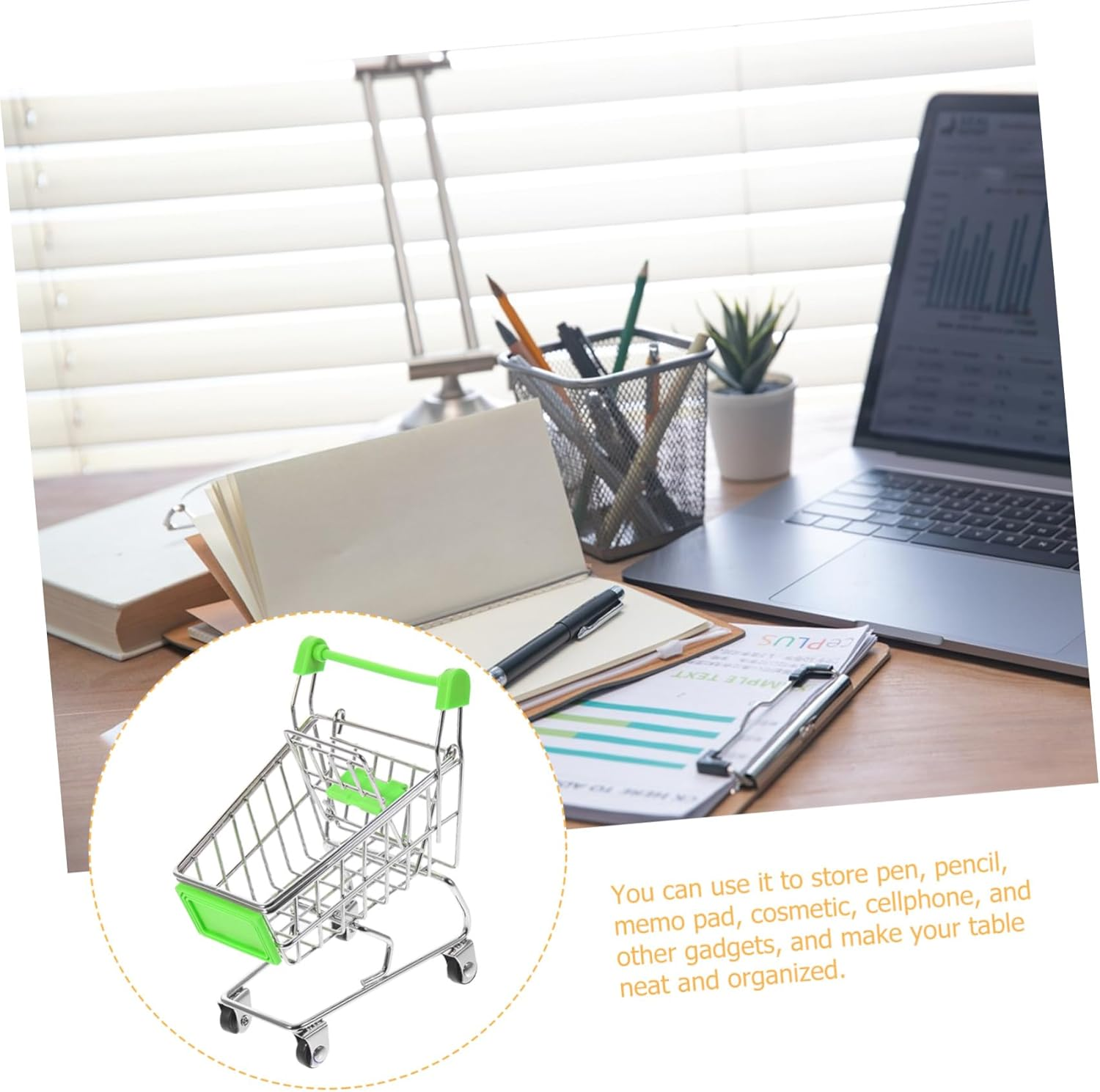 BESPORTBLE Mini Shopping Cart Storage Basket with Wheels Metal Plastic Desktop Organizer for Pens Cosmetics Gadgets Random Color Mini Cart Trolley for Office and Home Use Compact Random Color image number 2