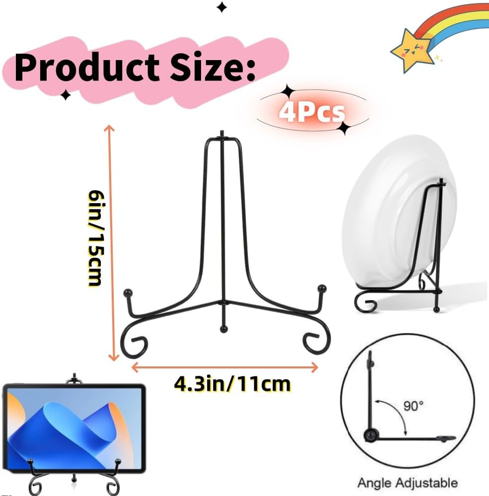 4 Pcs Iron Display Stand,4 Inch Iron Easel Plate Display Photo Holder Stand, Displays Picture Frames, Cookbooks, Decorative Plates, Tablets and Art(Black) image number 6