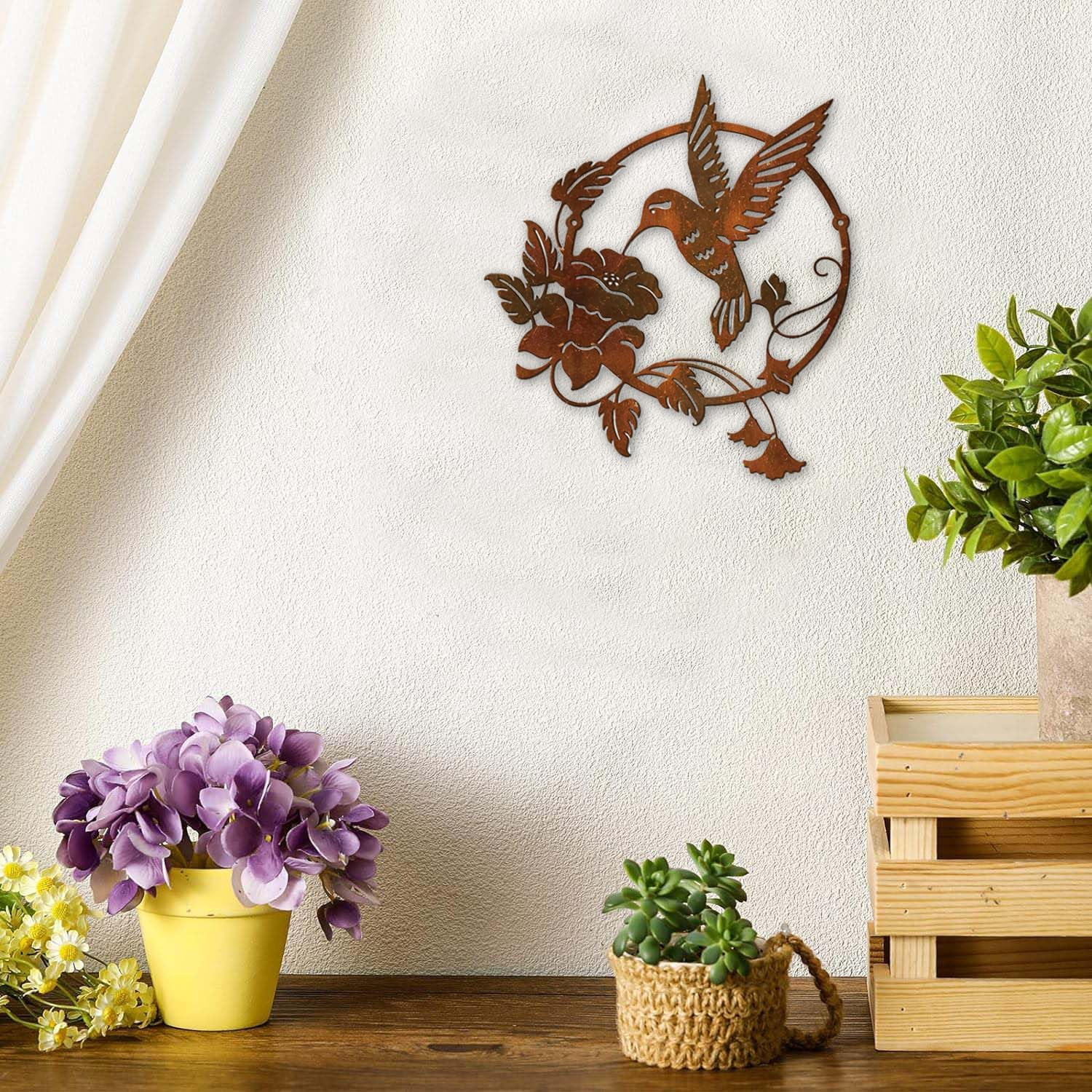 Round Metal Bird Wall Art Decor - Hummingbird Wall Art Silhouette for Your Patio, Garden, and Fence Art Decor, Bird Wall Silhouette Indoor and Outdoor Hanging (Brown) - Yellow image number 4