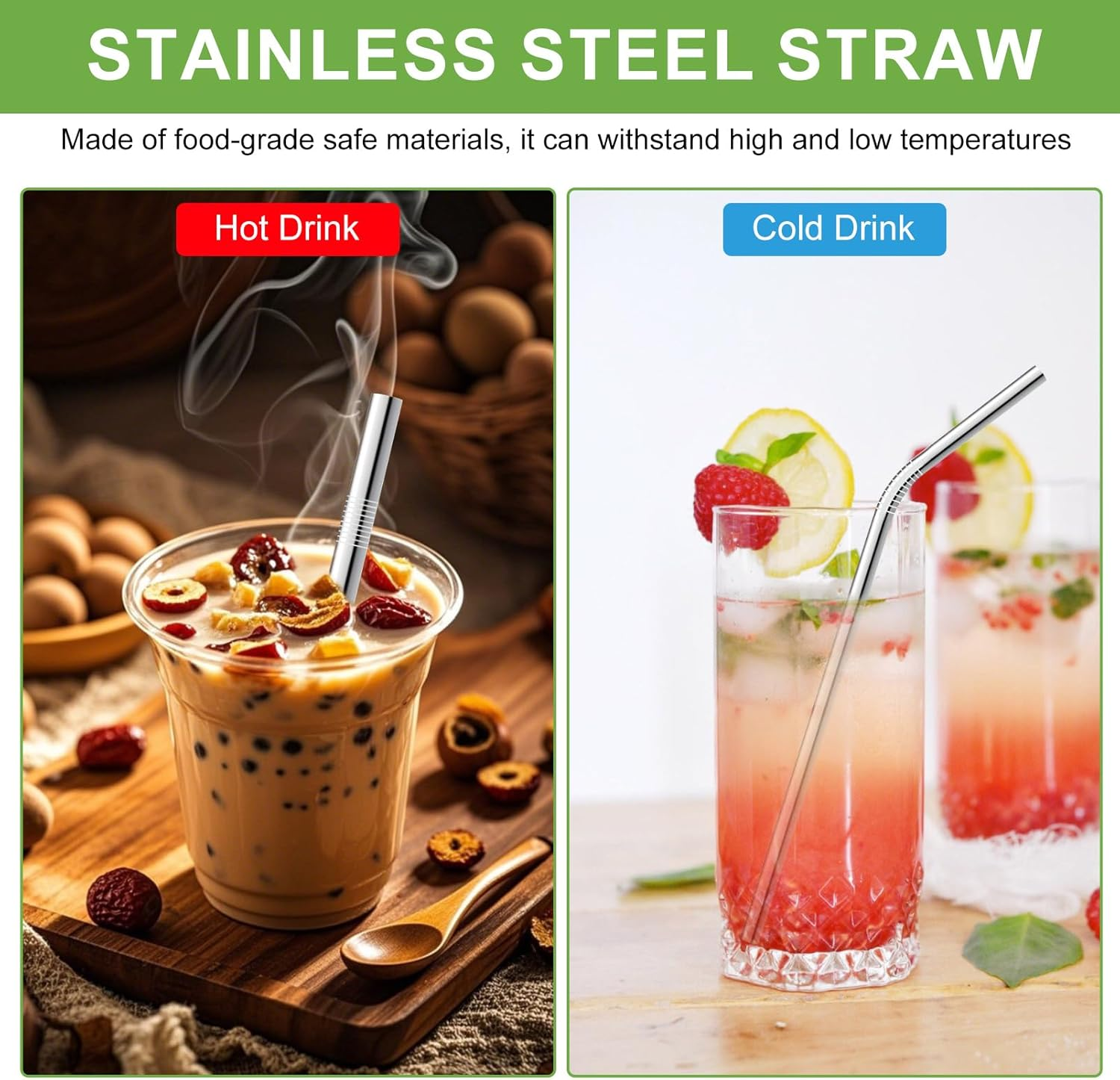 Ozgrove Reusable Metal Straws Set, 304 Stainless Steel 1 Straight 1 Bent & Thick Boba Straw with Cleaning Brushes & Cloth-Container, Anti-Wrinkle Drinking Cup Accessories for Smoothie Bubbling Tea image number 6