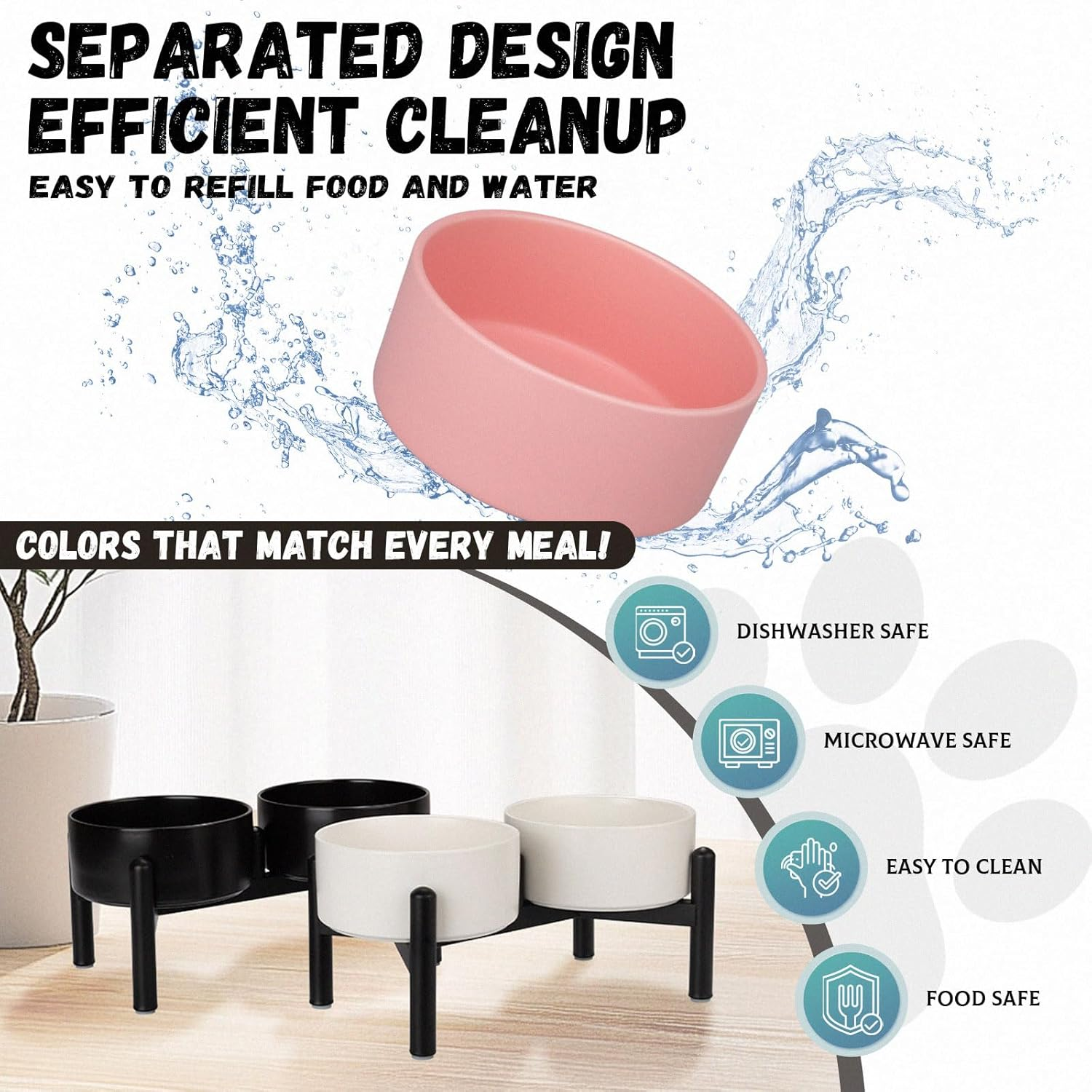 Raised Ceramic Dog Bowl Set - Elevated Double Dishes with Stainless Steel Stand - Food and Water Bowls for Small to Medium Dogs - Each Holds 2 Cups (28.75 Fl Oz) - White image number 3