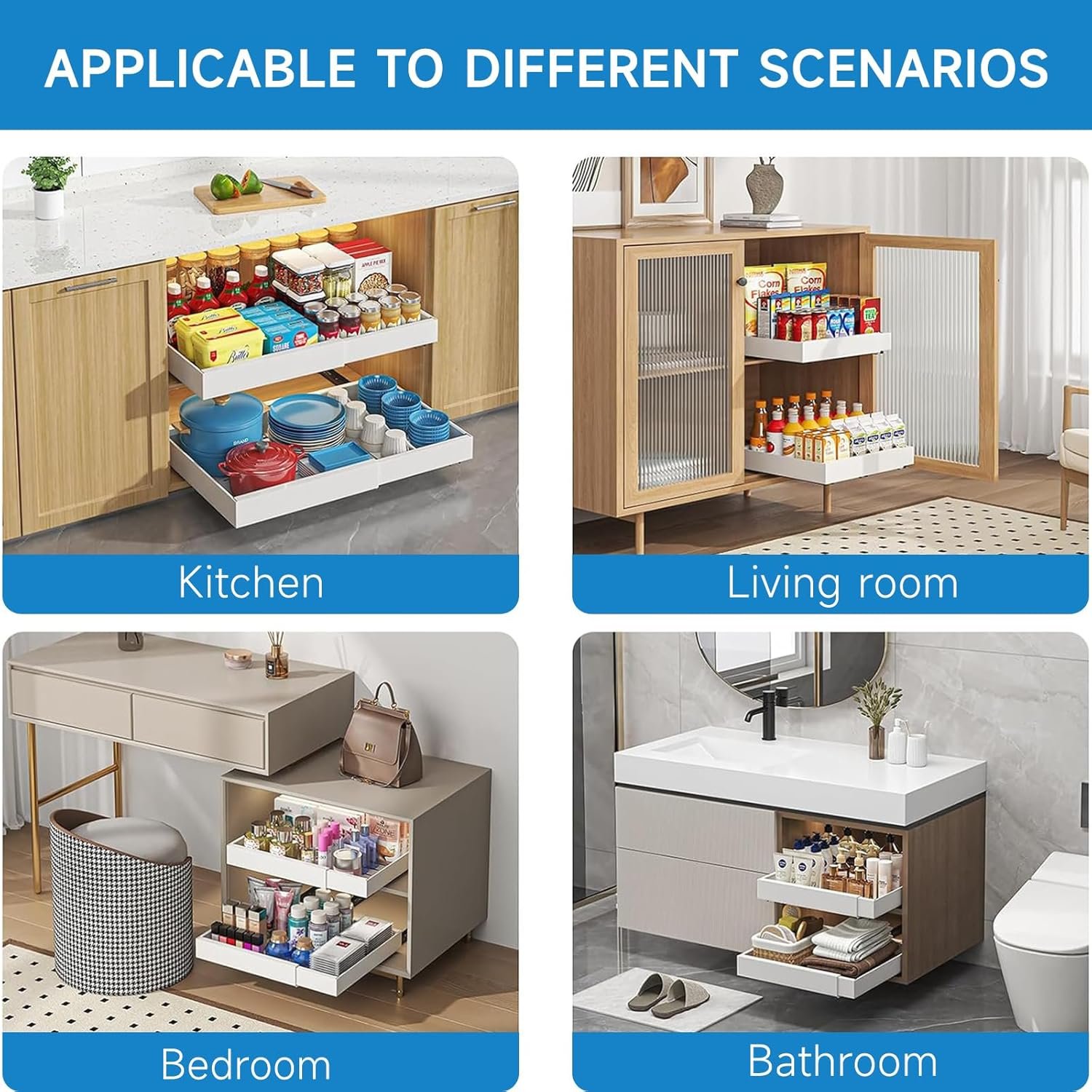 Pull Out Cabinet Organizer, Expandable (12.4"-20.5") Pull Out Drawers for Cabinets Fixed with Adhesive Film,Adjustable Peel Stick Slide Out Drawers for Kitchen Cabinets Pantry Bathroom-21&ldquo; Deep image number 1