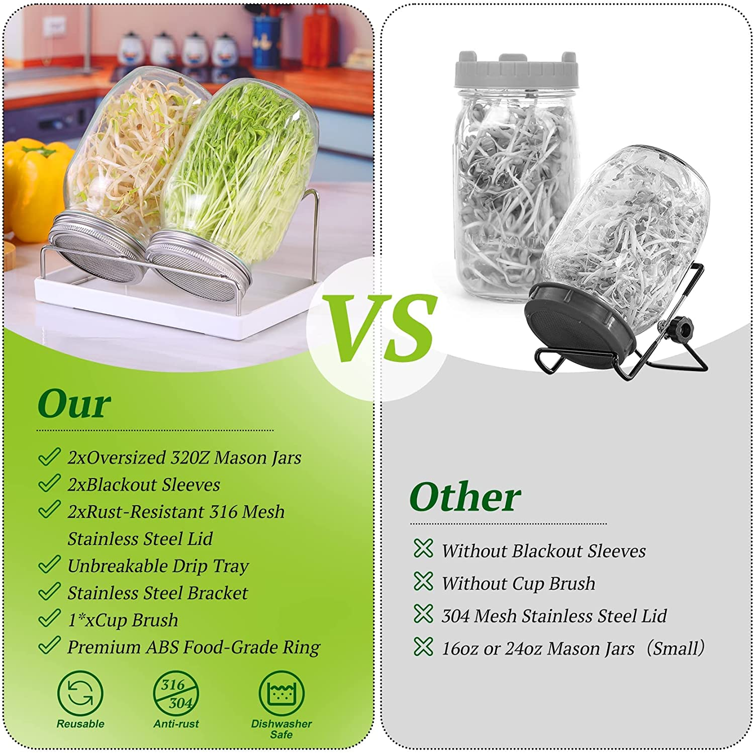 Sprouting Jar Kit 2Pcs Large Wide Mouth Mason Jars with Stainless Steel Screen Sprout Lid,Sprouting Jar Stand,Tray,Blackout Sleeves,Brush-Seed Sprouting Kit for Growing Mung Beans,Broccoli and so On image number 6