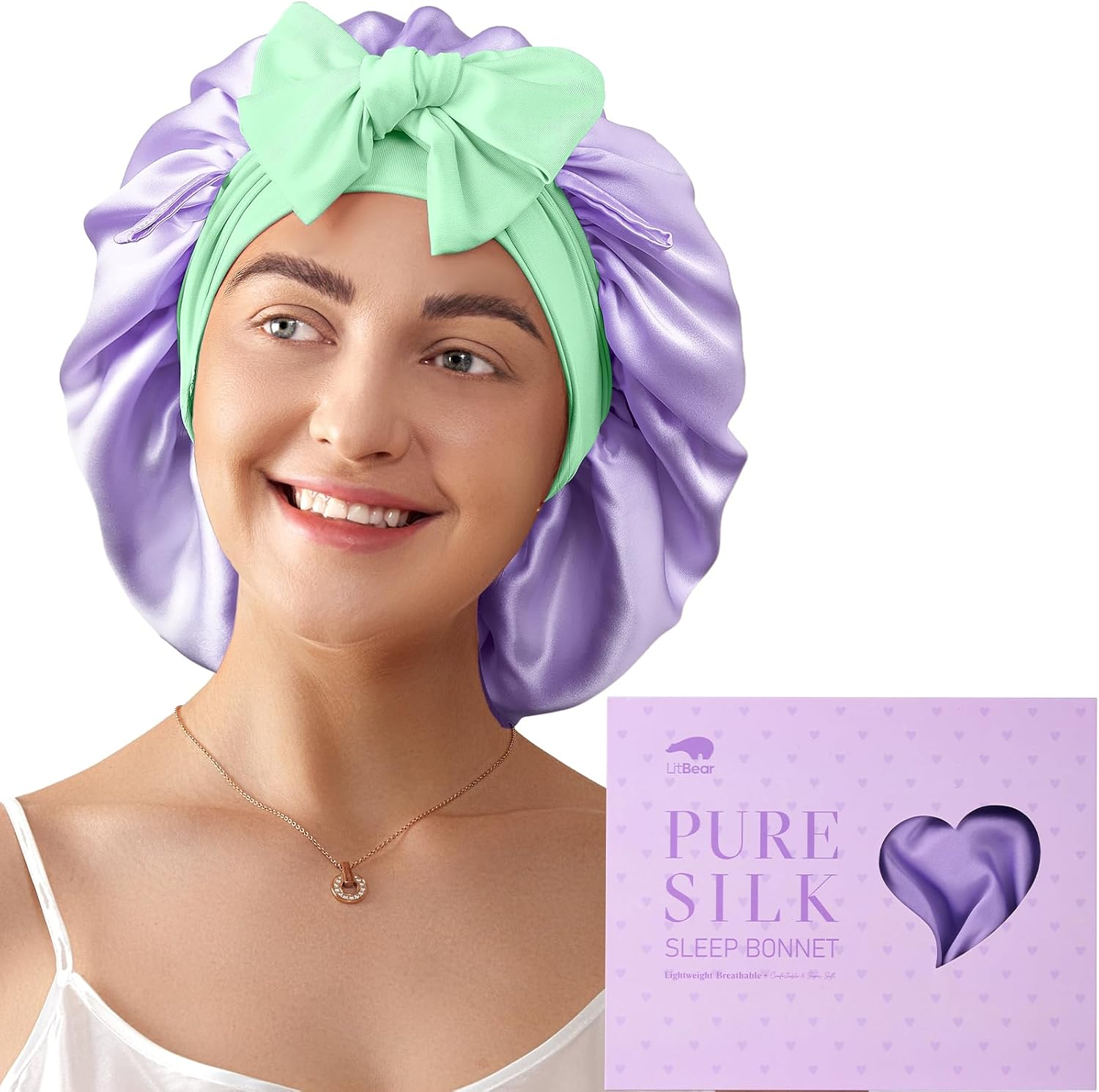 Litbear 100% Mulberry Silk Bonnet for Sleeping Women, 6A 22 Momme, Large Double-Layer Silk Hair Wrap with Tie Band, Non-Slip Turban