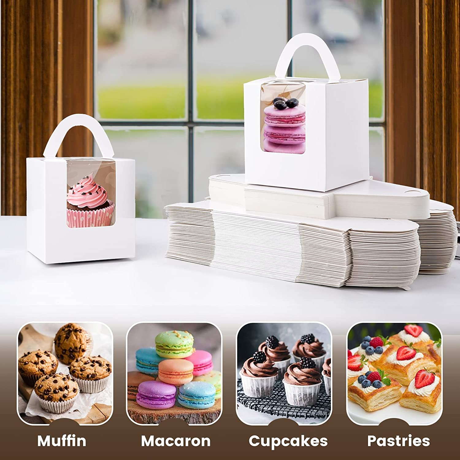 50 Pack Cupcake Boxes, White Individual Cupcake Containers Single Cupcake Boxes Cupcake Holder with Windows Handle and Inserts for Muffins Cocoa Bombs Packaging Baking Wrapping Birthdays Party image number 5