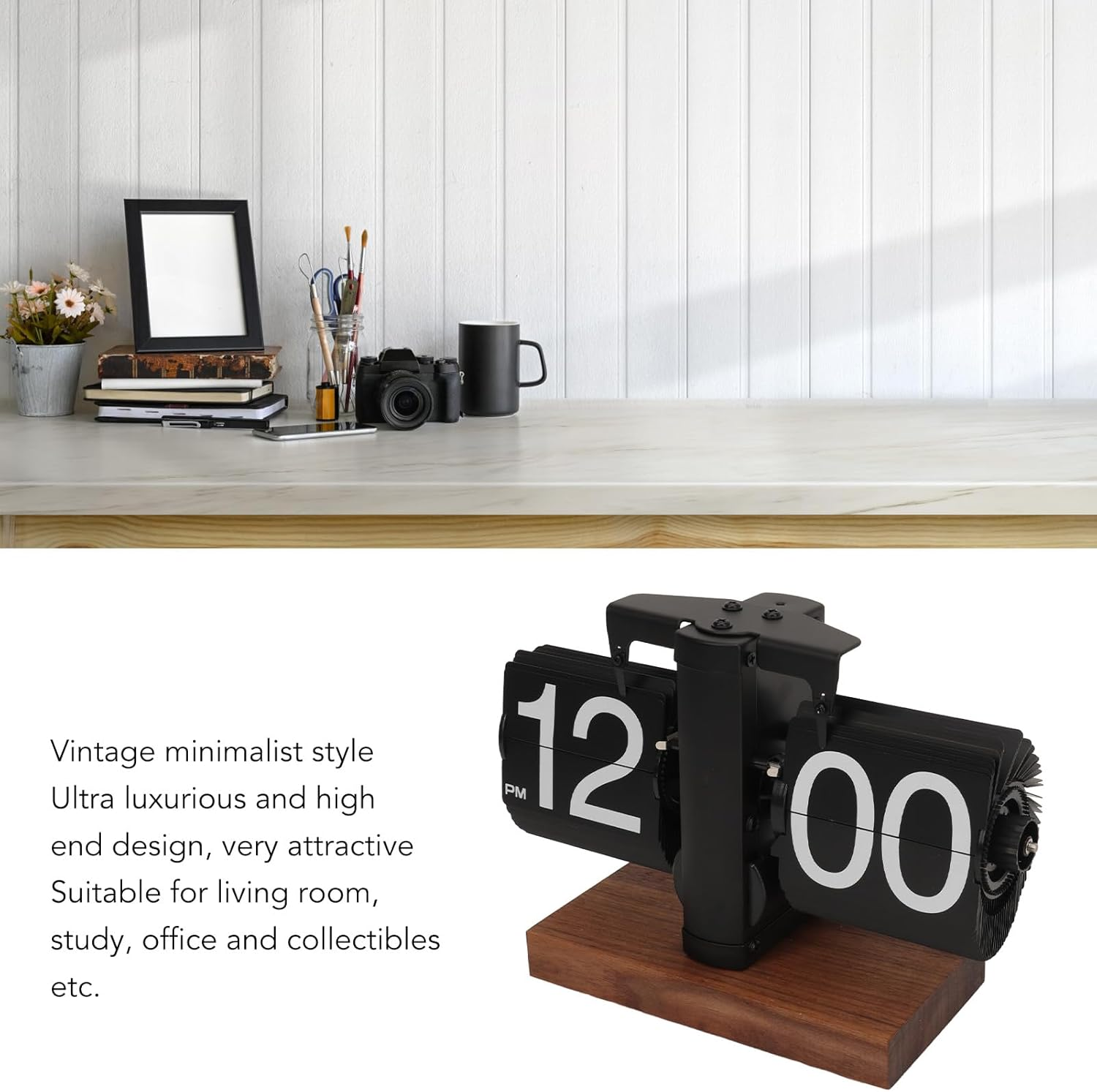 Retro Digital Flip down Clock, Battery Operated Auto Flip Clock, Digital Desk Table Page down Clock with Knob Adjustment, for Home Room Office Decoration (Black) image number 5