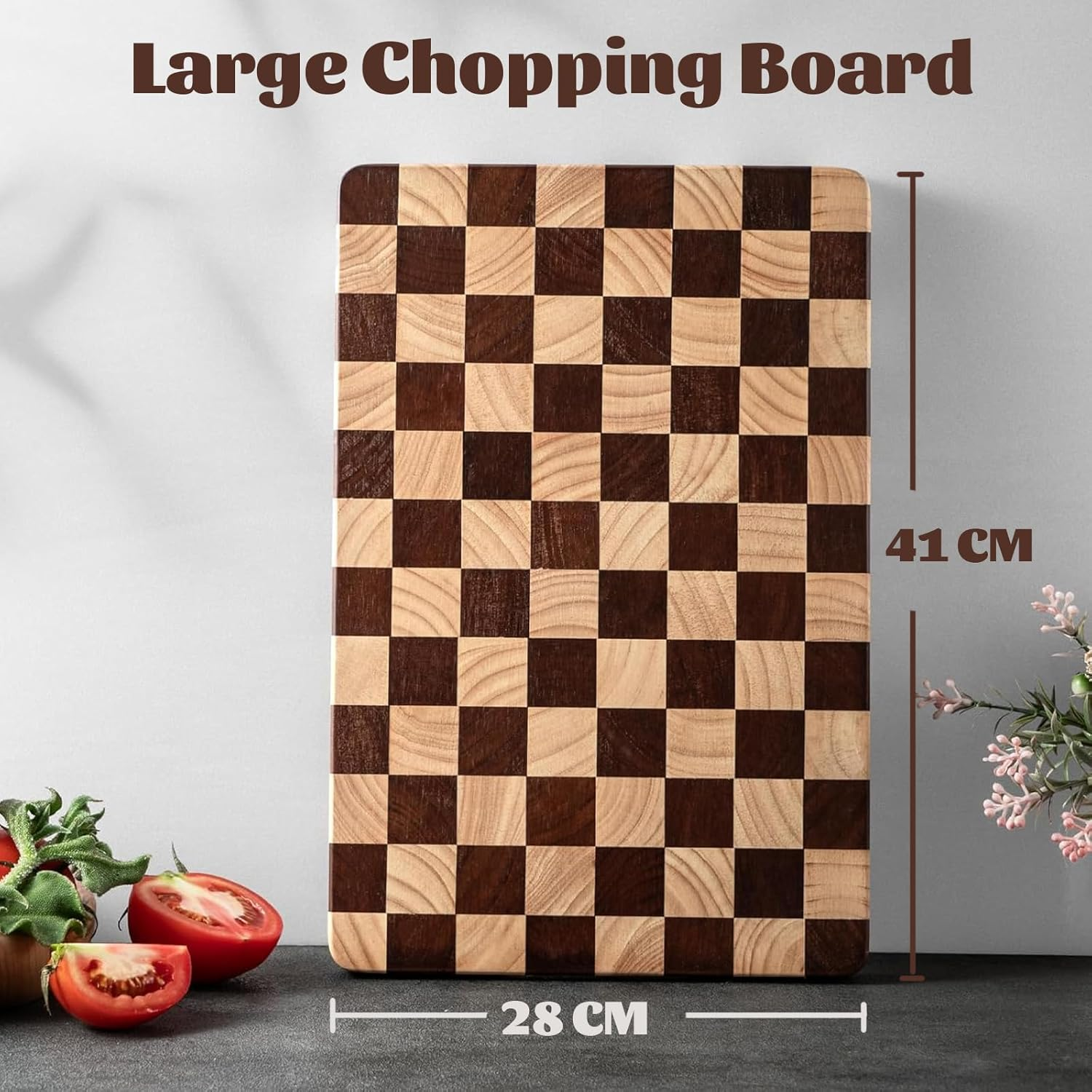 Acacia Wooden Chopping Board, Checkered Cutting Board, End Grain Cutting Boards for Kitchen, Butcher Block for Meat, Bread & Fruit, Charcuterie Board, 41 * 28 * 2.5CM image number 2