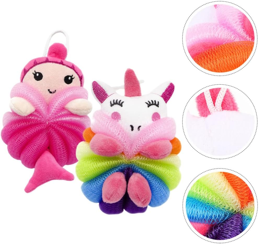 Toddmomy Kids Bath Sponge 2Pcs Kids Loofah Animal Bath Loofahs Mermaid Cartoon Shower Loofahs Cute Bath Sponges Pouf Body Scrubbers Shower Loufah Sponge image number 2