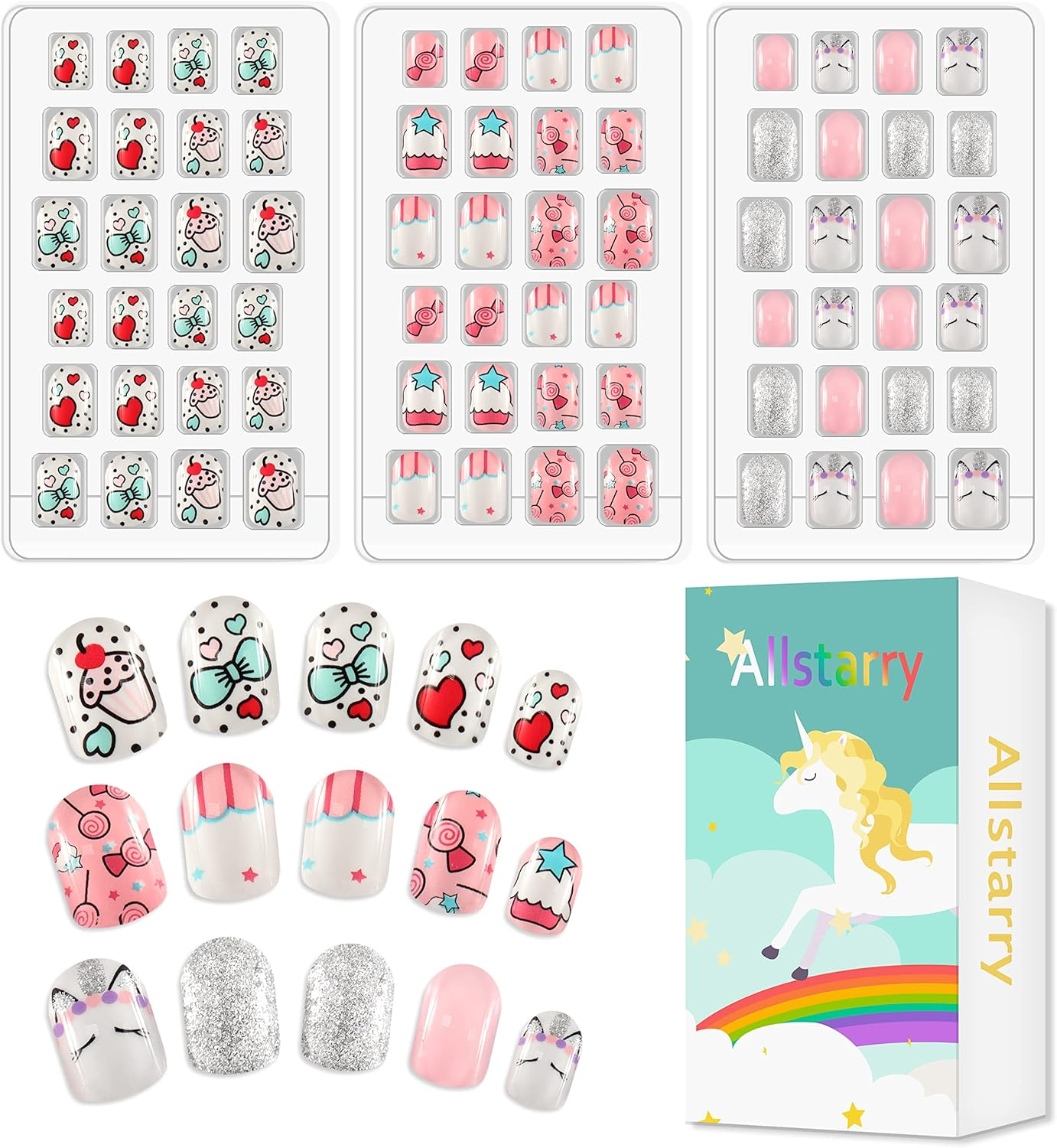 Allstarry 72 Pieces 3 Packs Press-On Nails Pre-Glued Full Cover Glitter Gradient Color for Kids Little Girls Nail Art Decoration - Cute Kitten image number 4