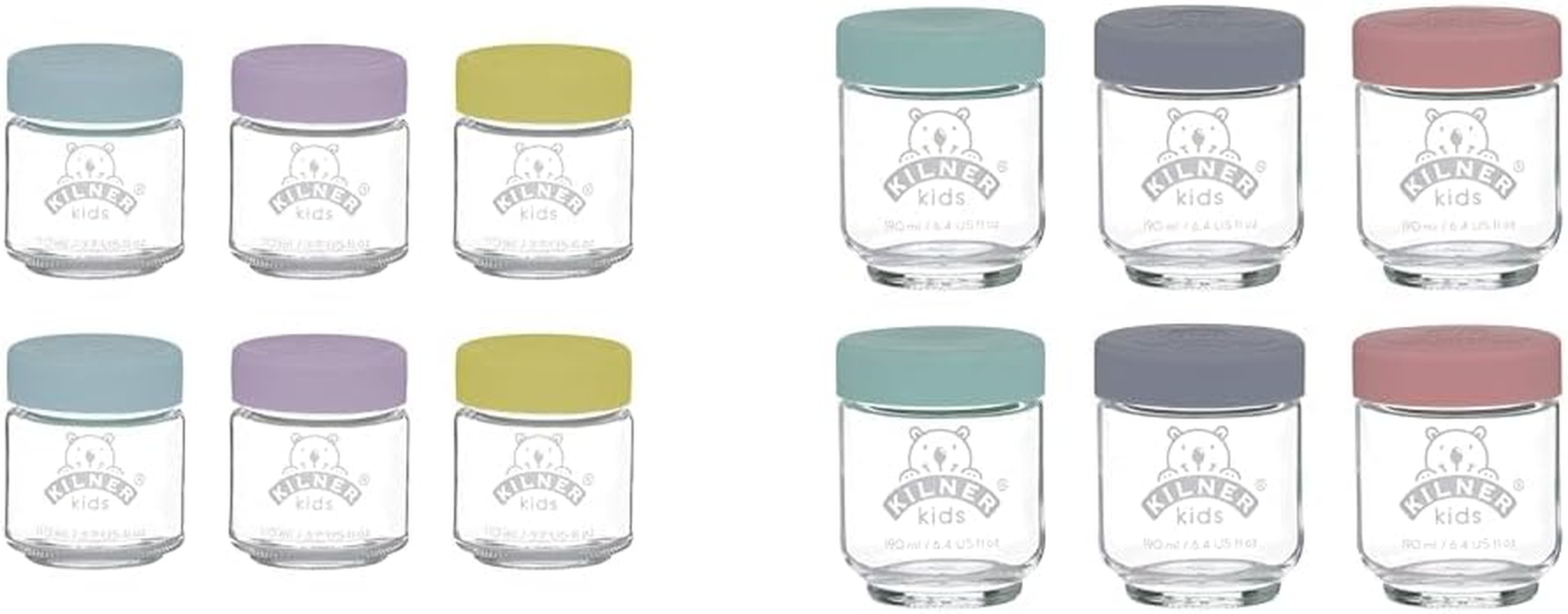 Kilner 25.016 Kids Jar 6-Pieces Set, 110 Ml Capacity and Kilner Kids Jar 6-Pieces Set, 190 Ml Capacity, Multicolour (0025.017)
