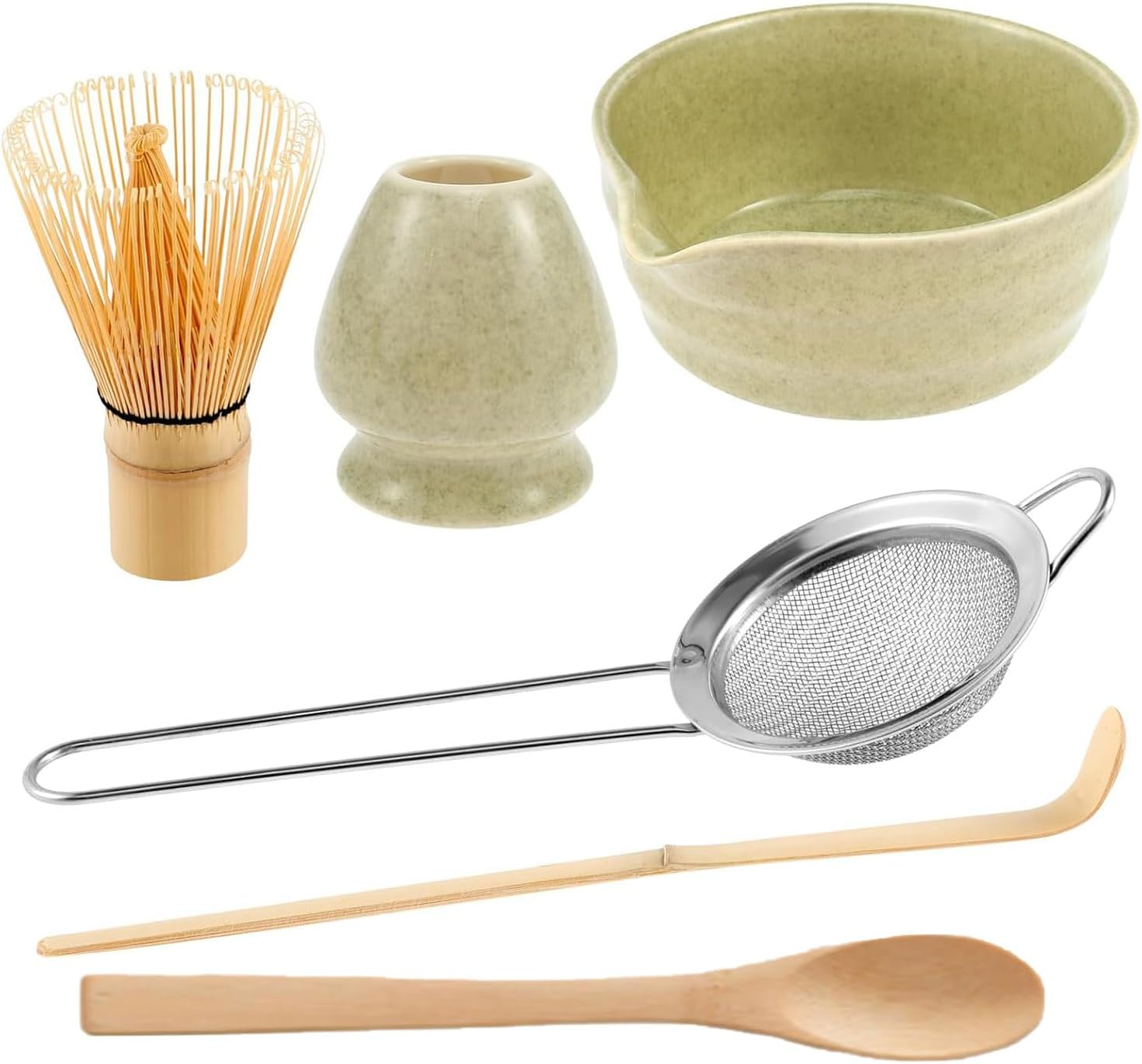 Roczential 5 Pack Matcha Whisk Set Matcha Whisk Holder Bamboo Matcha Whisk and Bowl with Spout Matcha Sifter Spoon Matcha Tea Set Kit for Matcha Tea (Matcha Color)