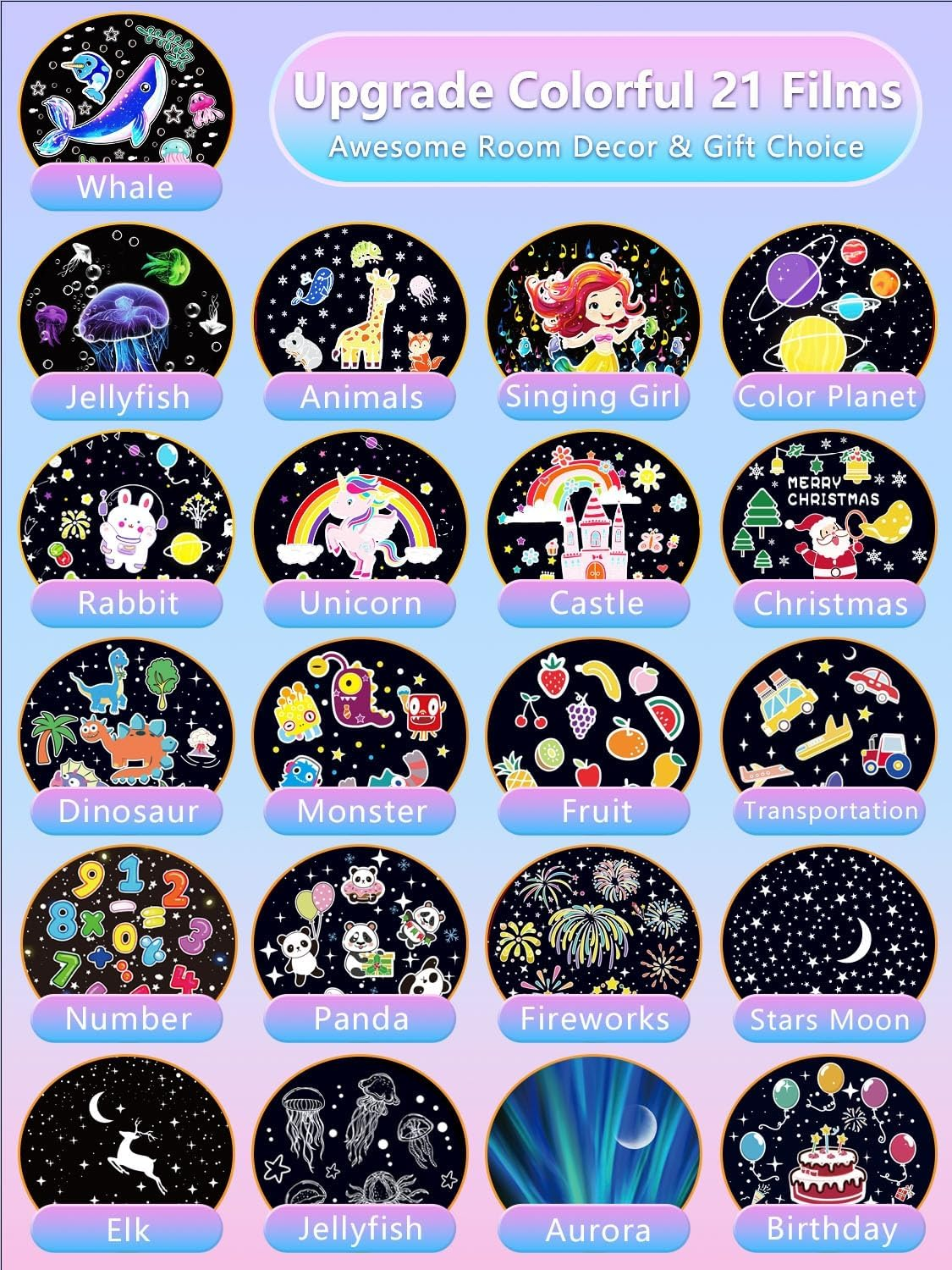 21 Sets of Films + Projector Night Light for Kids, Baby Night Light Projector for Bedroom, Ceiling, Star Projector with 360&deg; Rotation Dimmable for Kids Girls, Birthday, Christmas, Nursery, Room Decor image number 2
