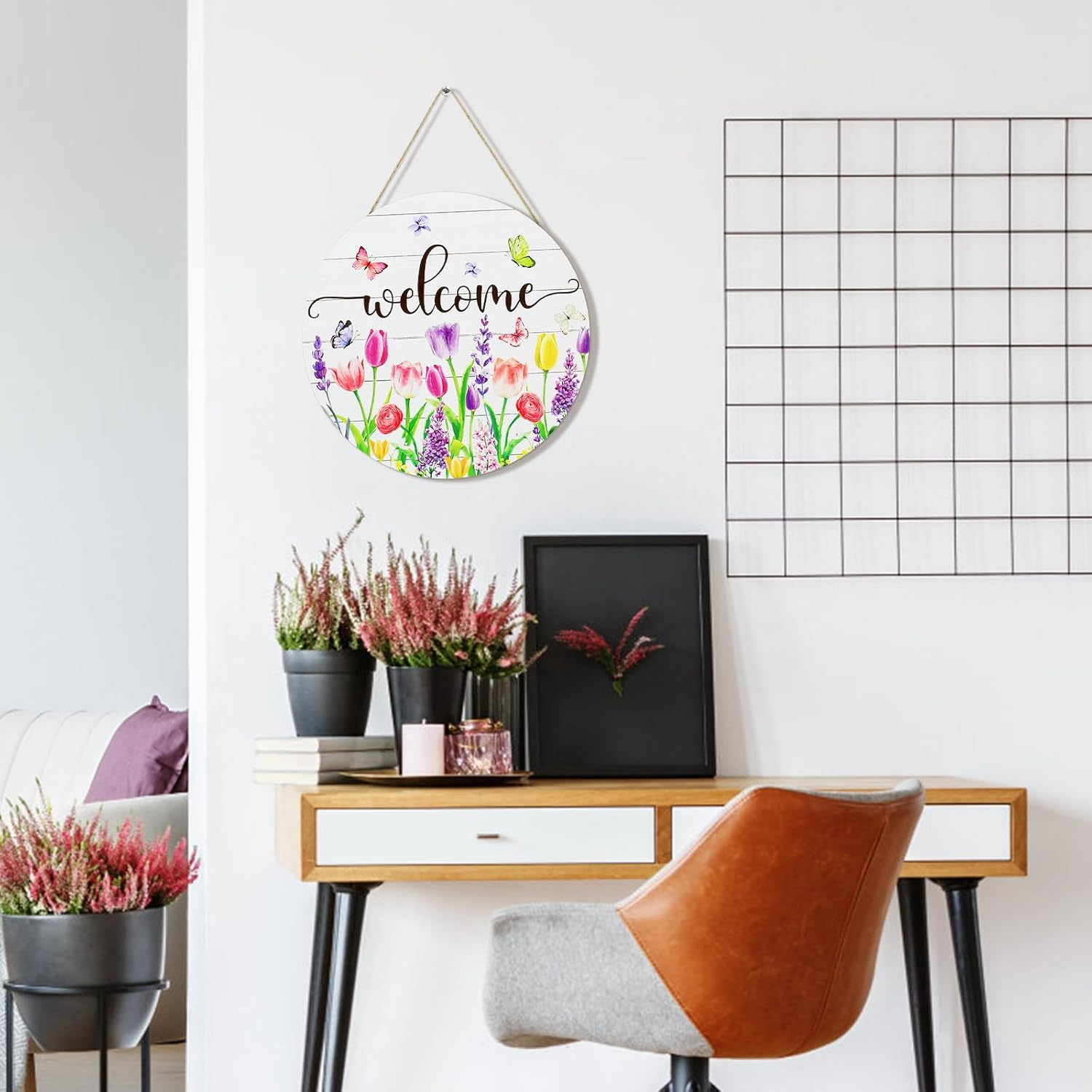 Huakaile Spring Tulip Welcome Sign for Front Door Decor, Pink Purple Floral Butterfly Welcome Door Sign, Seasonal Flower Wooden Door Hangers, Farmhouse Wreath Hanging Signs Decoration for Porch Yard - Purple image number 3